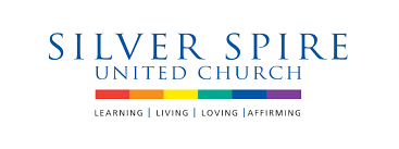 Silver Spire United Church logo with colorful horizontal lines and words 'Learning, Living, Loving, Affirming'.