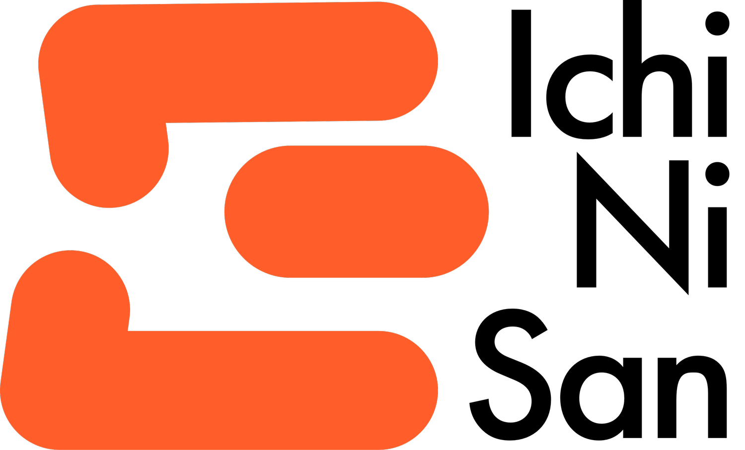 Logo for Ichi Ni San, featuring bold orange shapes and black background.