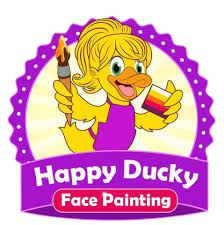 Cute cartoon duck with blonde hair holding a paintbrush and a paint palette, promoting a face-painting event called 'Happy Ducky Face Painting'.