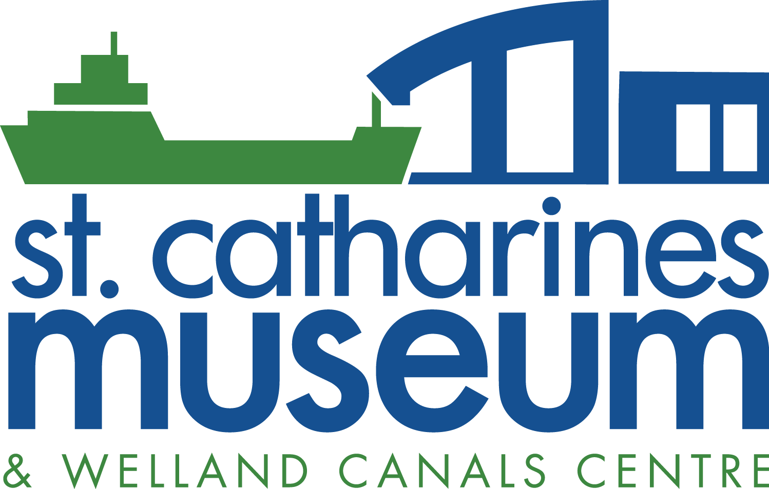 Logo of St. Catherines Museum and Welland Canals Centre featuring a green ship and a blue canal arch.