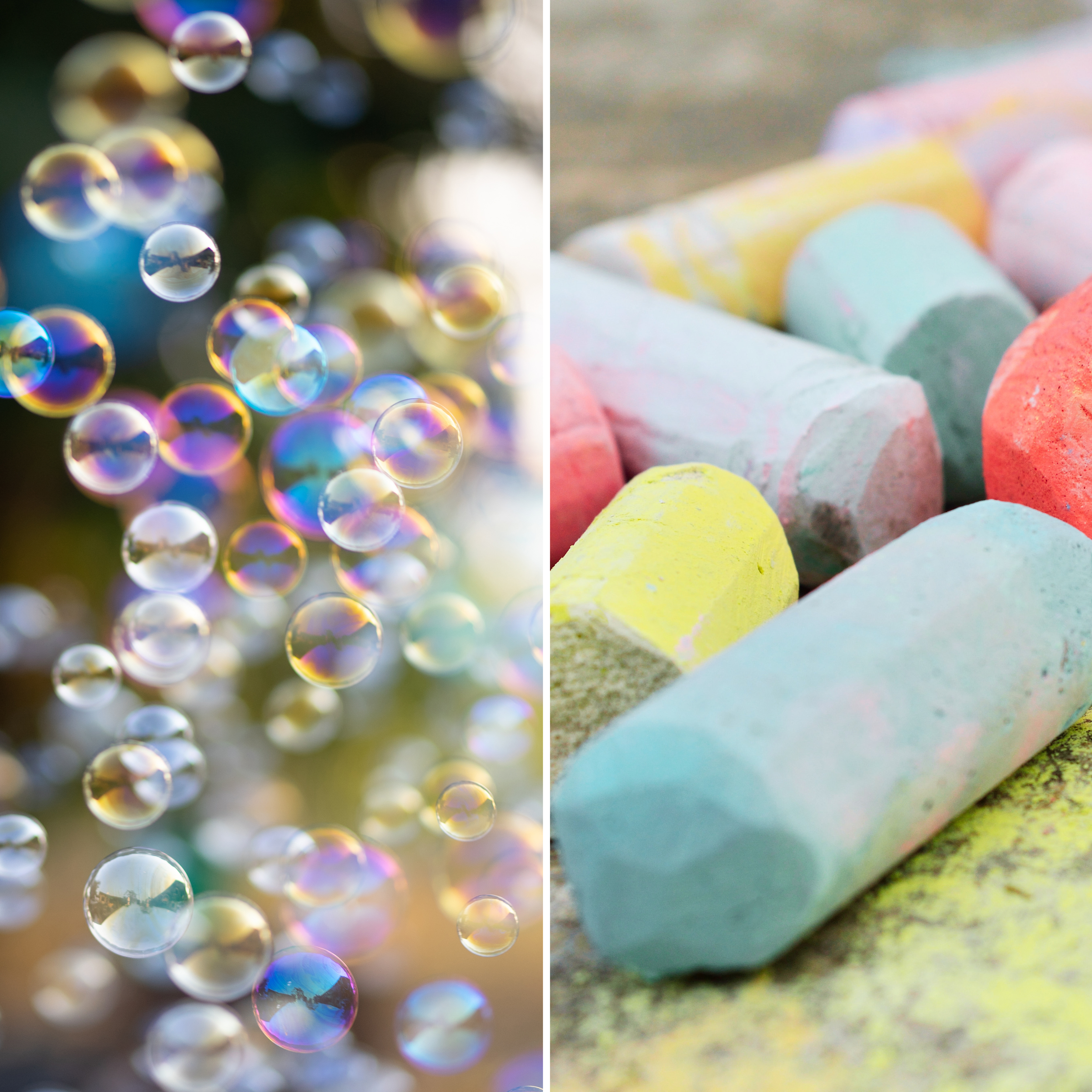Left side: Close-up of iridescent soap bubbles floating outdoors. Right side: Colored chalks scattered on a rough surface.