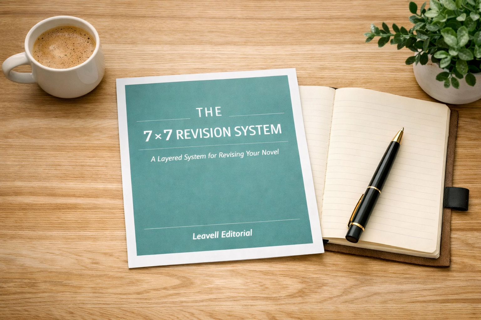A printed book titled 'The 7x7 Revision System' lying on an open notebook with a black and gold pen, a white coffee mug with coffee, and a potted plant on a wooden desk.