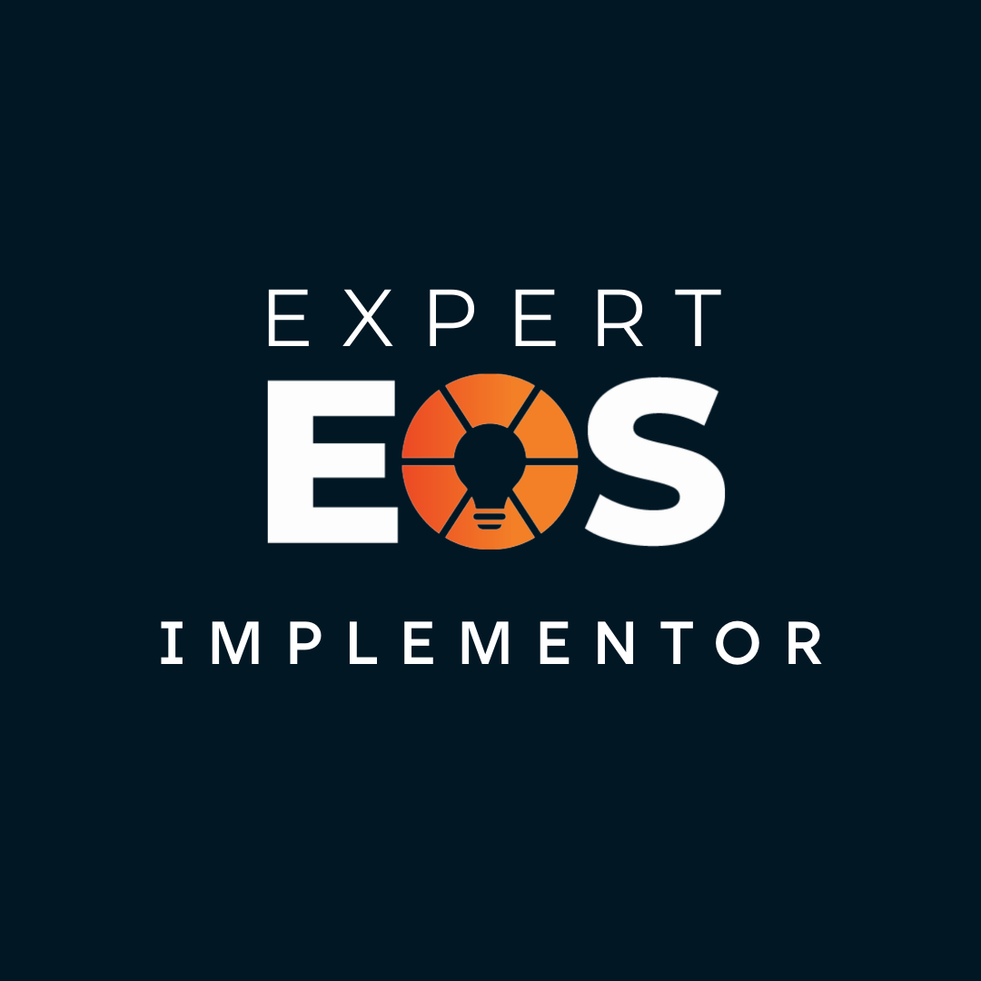Logo for Expert EOS Implementor, featuring the words 'EXPERT EOS IMPLEMENTOR' with the 'O' in EOS stylized as a lightbulb inside a circle.