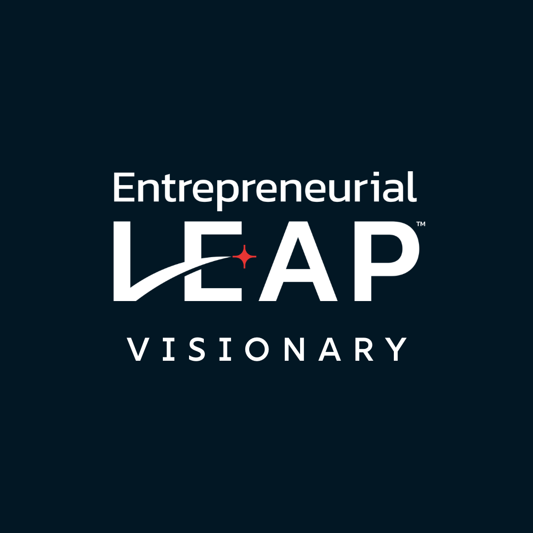 Logo for Entrepreneurial Leap VISIONARY, with the word Leap in larger letters and a star and arc design.