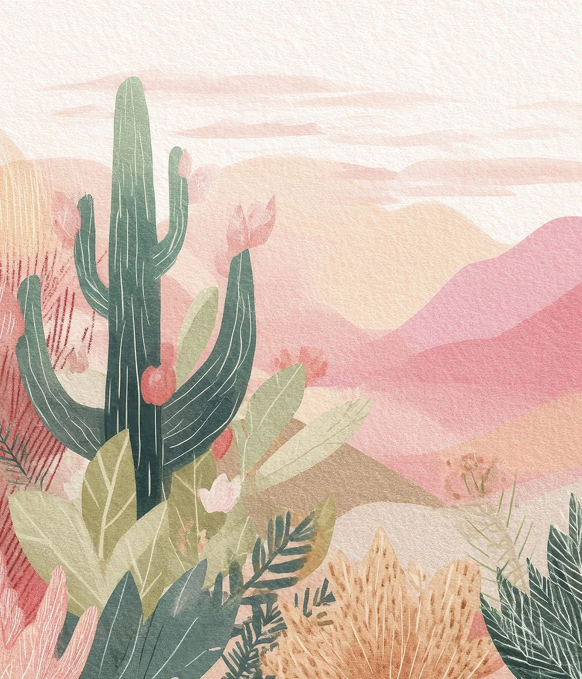 A watercolor illustration of a desert scene with cactus plants, bushes, mountains, and a pink sky.