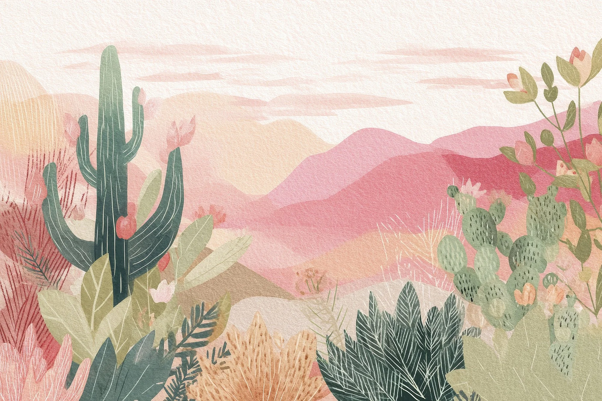 Illustration of a desert landscape with pink mountains, cacti, and desert plants in pastel colors.