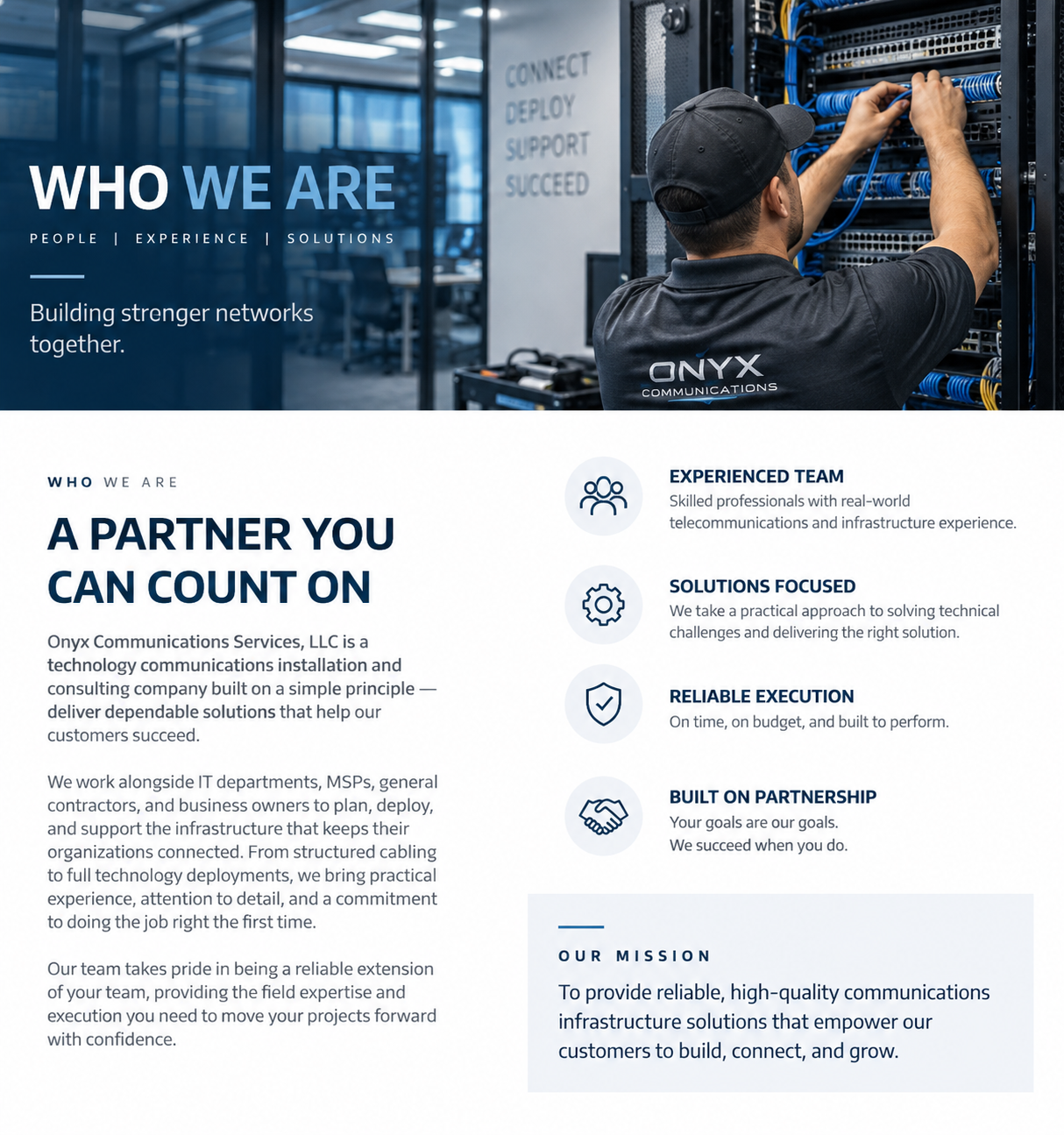A person working on networking equipment in a data center, with a blue overlay and company branding for Onyx Communications. The page features company mission, values, and team information.