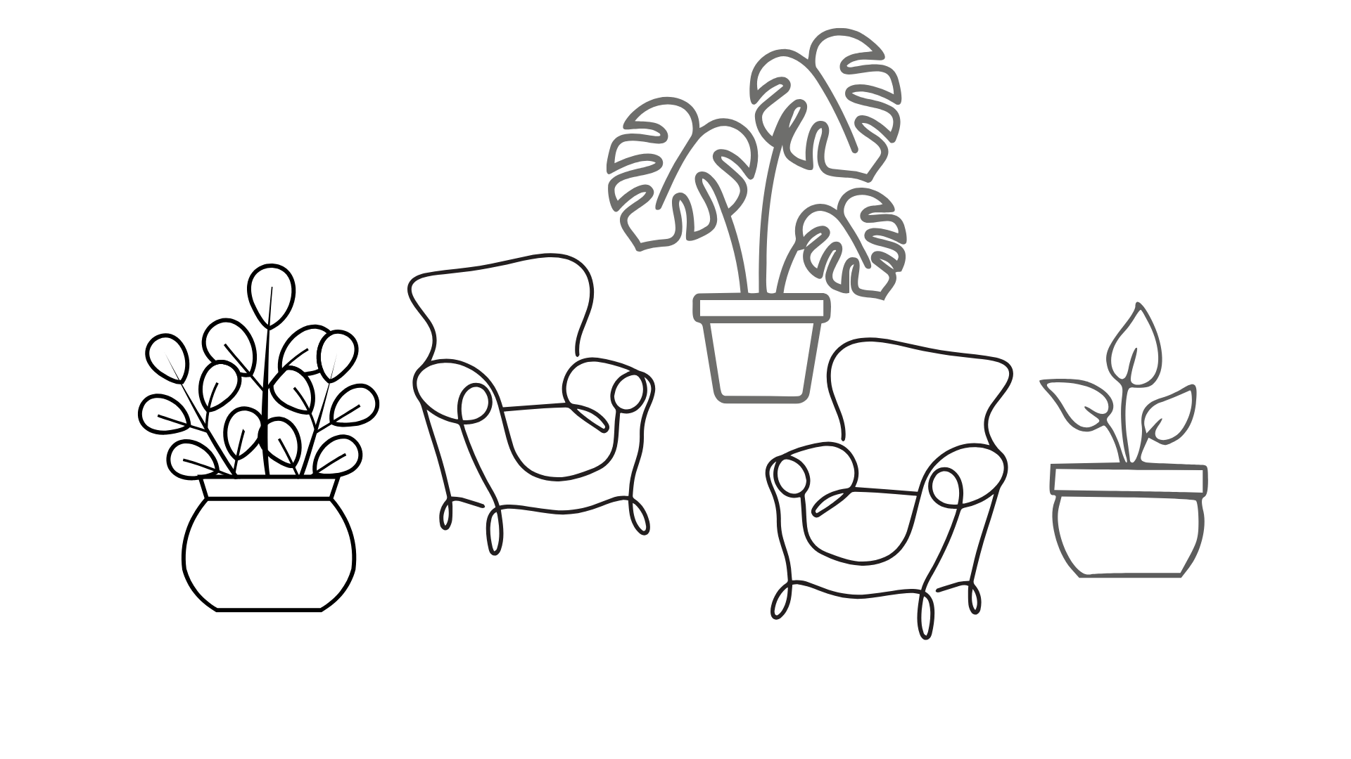 Line drawing of various houseplants in pots and two armchairs on a plain background.