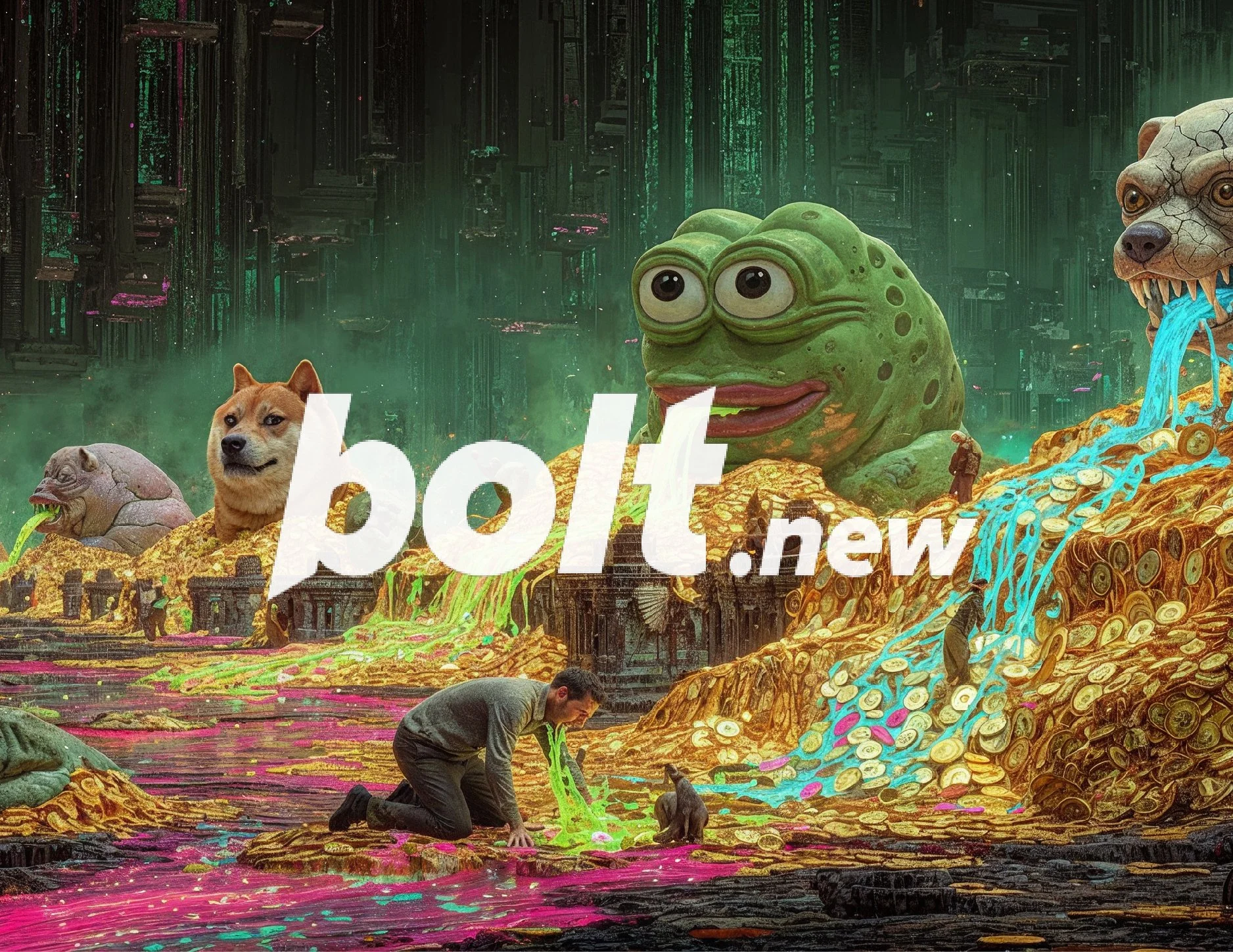 A colorful, surreal scene with giant, fantastical creatures including a frog with two eyes, a dog with a serious expression, and a creature with a cracked face and blue flames. A person kneels on the ground, pouring green liquid into a pink pool whil