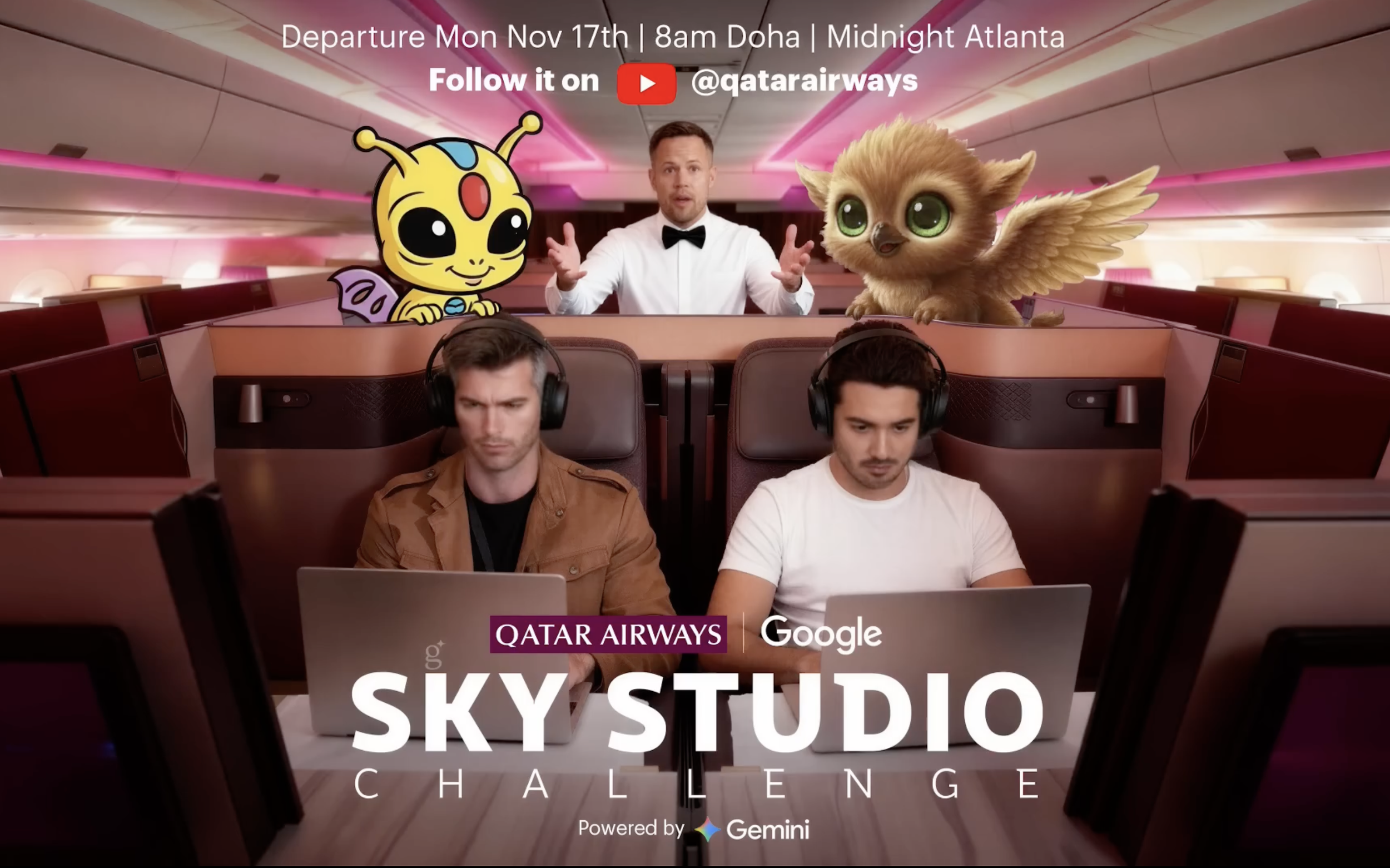 Image of an airplane interior with two men working on laptops in the foreground, a man in a white shirt and bow tie standing in the background, and two animated characters—one yellow with antennas and wings, and another small winged creature—above the men, with text overlay promoting Qatar Airways and Google Sky Studio Challenge.