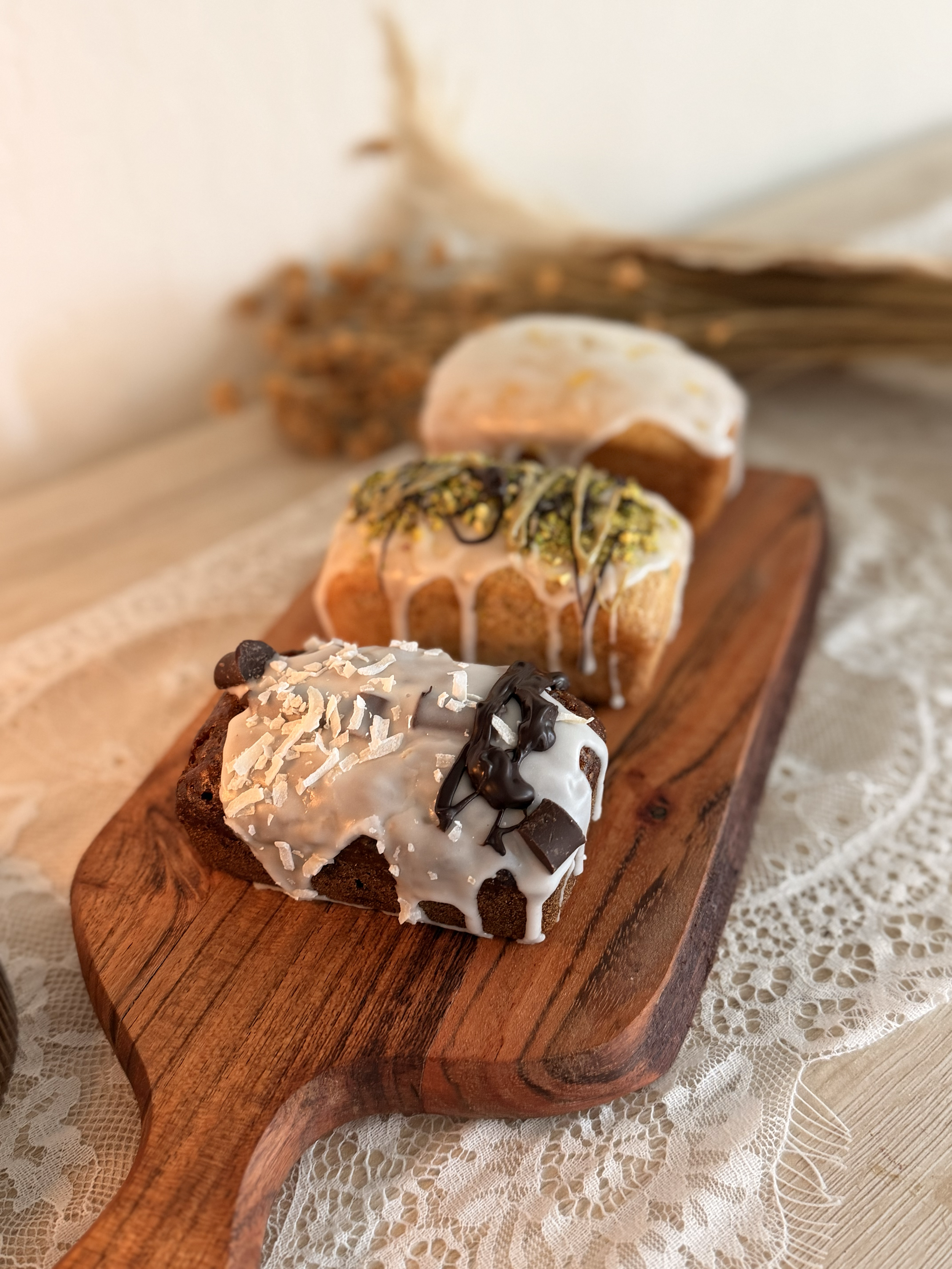 coconut banana bread
pistachio loaf 
lemon loaf 