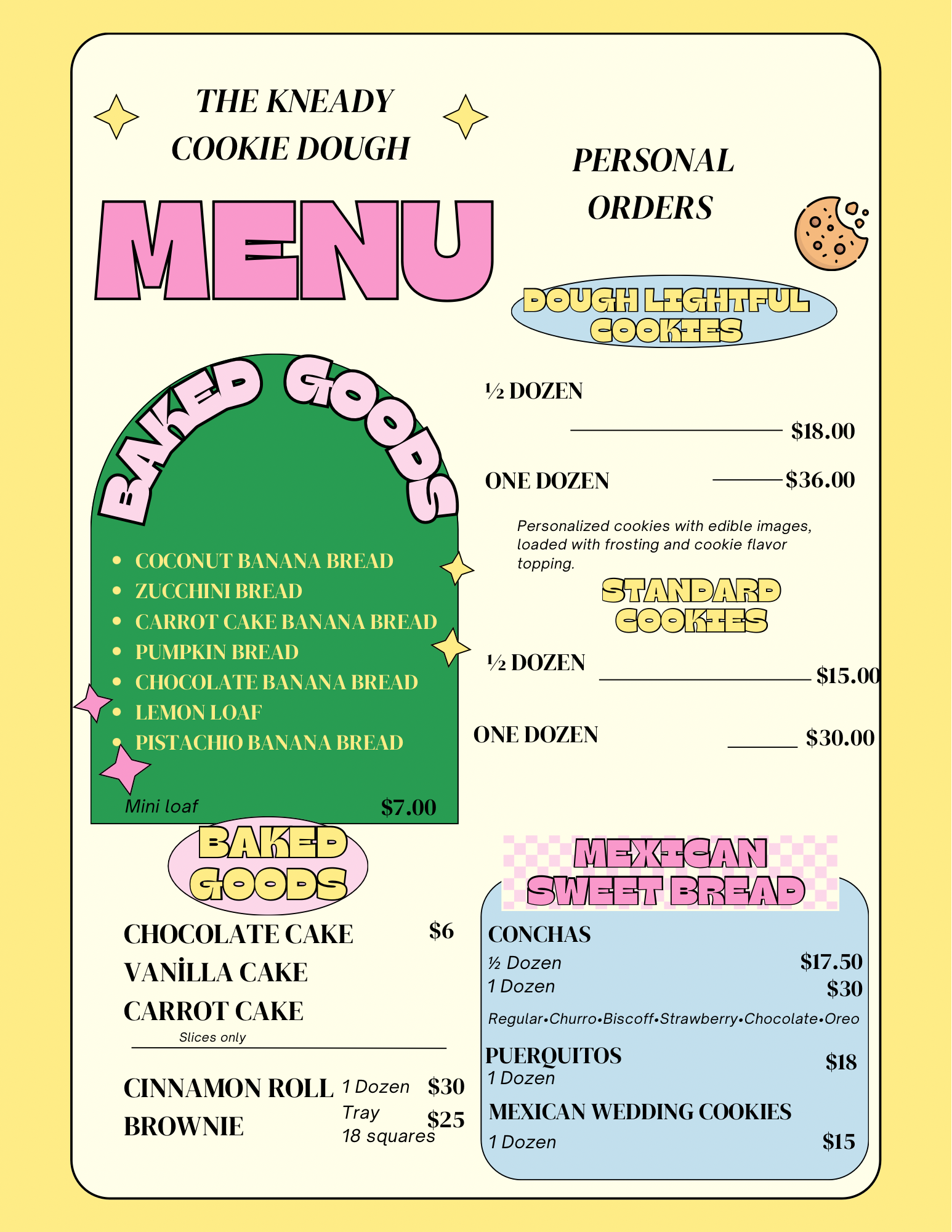 Menu for The Kneady Cookie Dough featuring baked goods, cookies, and Mexican sweet bread options with prices, decorated with stars, cookies, and colorful text.