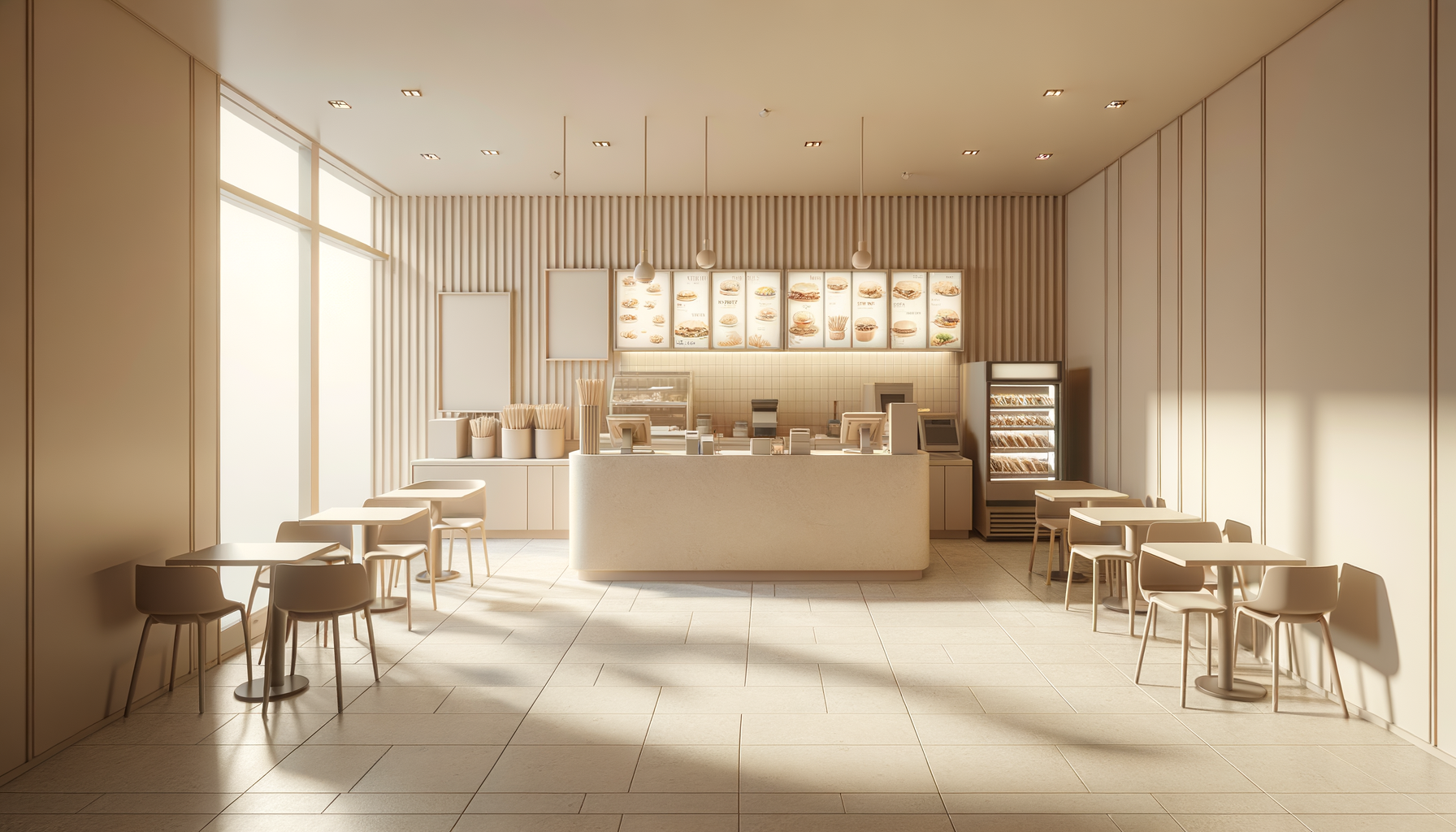 Empty cafe with beige walls and furniture, menu boards above the counter displaying food options, a refrigerated display case, and seating arrangements along the walls.