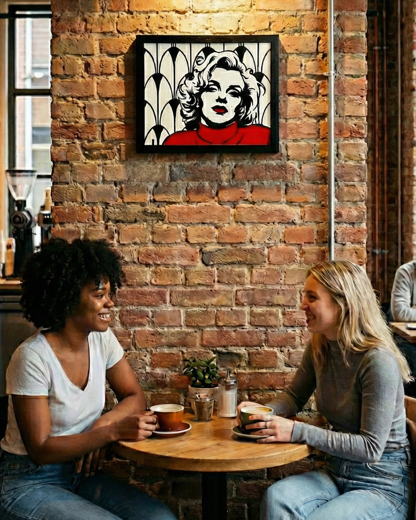 Framed pop art portrait from the Influential Women series by an Omaha Nebraska contemporary artist, featuring an original watercolor and gouache painting of a cultural icon displayed on a brick wall.