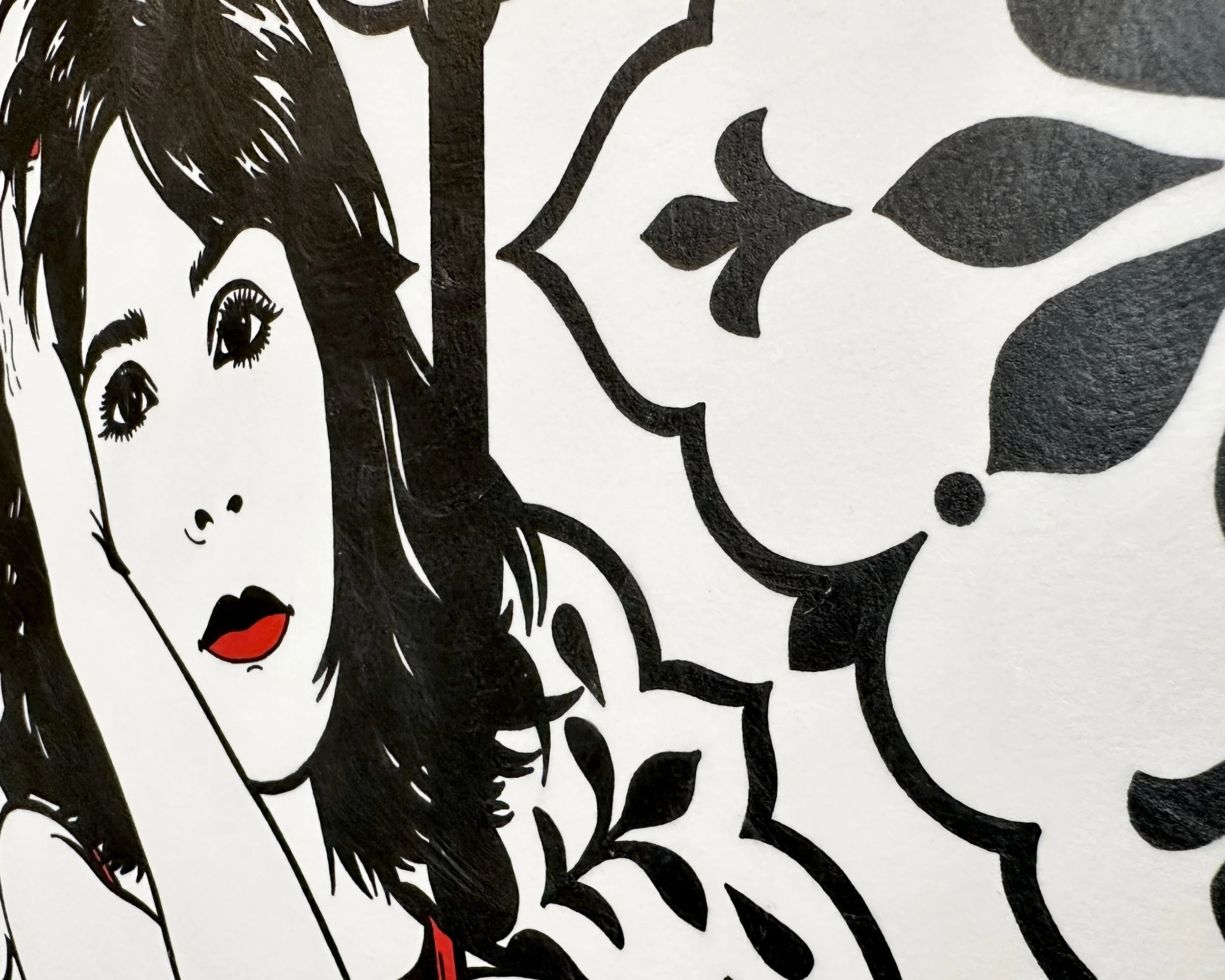 Artist Brett Hodges at Quiet Corner Art Studio, Omaha, NE, close-up detail of Before the Beginning showing the bride’s face, red lips, dark hair, and decorative floral background.