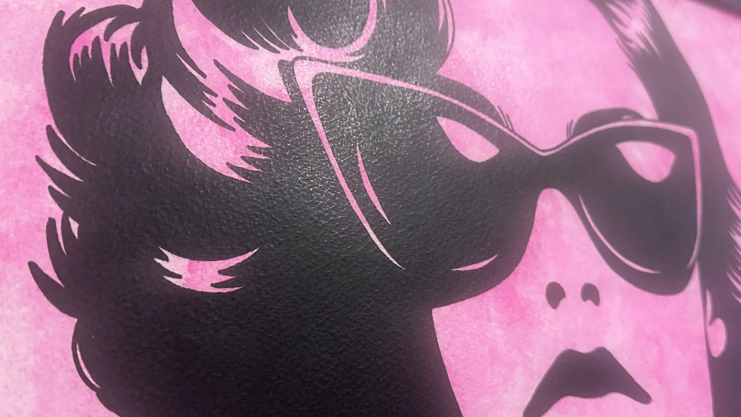 Detail of classic wavy hairstyle silhouette against textured pink gouache.