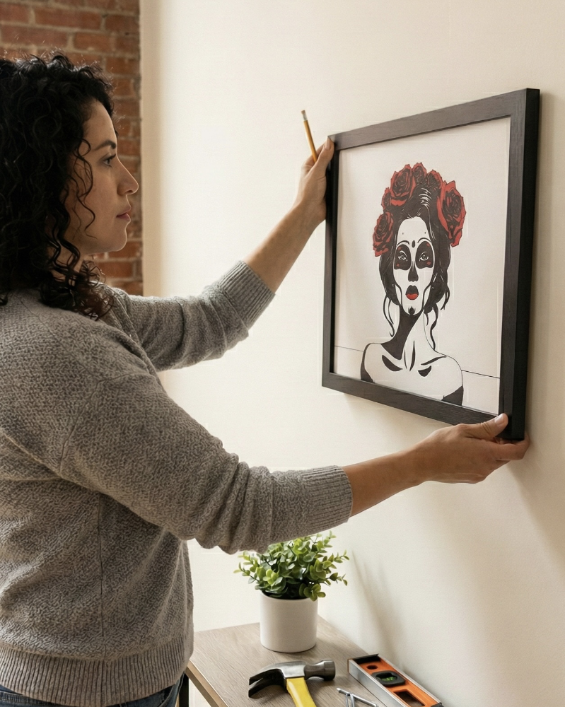 Framed contemporary Día de los Muertos portrait by Omaha artist, featuring a minimalist sugar skull design with red roses, created with archival gouache and a wax finish for fine art buyers and galleries looking for unique wall decor.