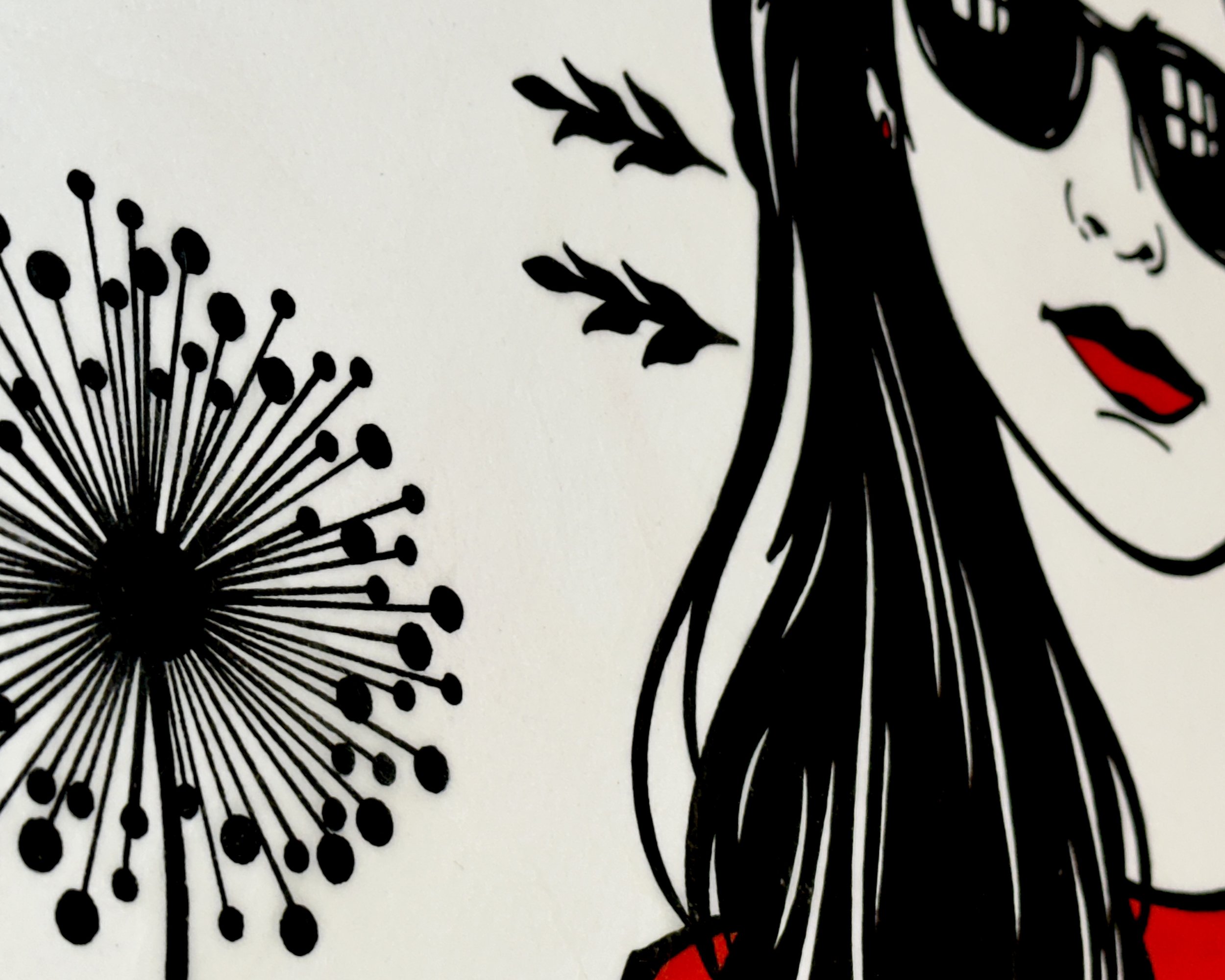 Close-up of a black dandelion-inspired flower, decorative leaves, and Elena’s flowing hair in Elena, Ready for Tomorrow by Artist Brett Hodges of Quiet Corner Art Studio, Omaha, NE.