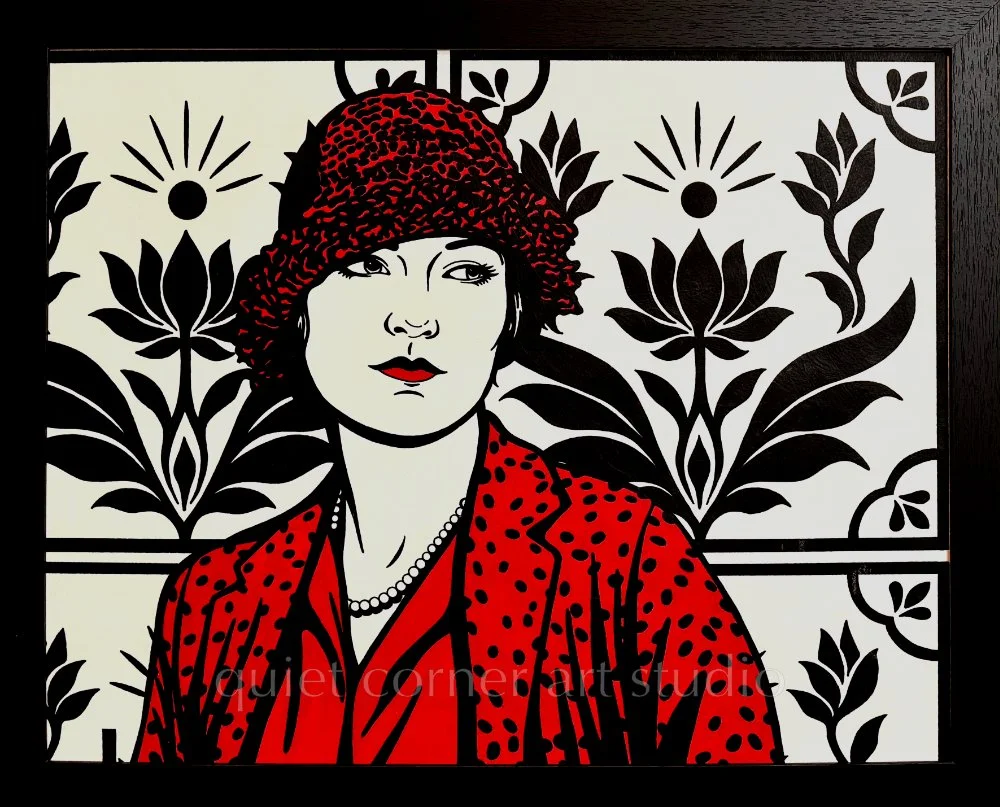 Artist Brett Hodges at Quiet Corner Art Studio, Omaha, NE, original gouache Pop Art portrait inspired by Jule André and Vogue 1928 fashion photography.