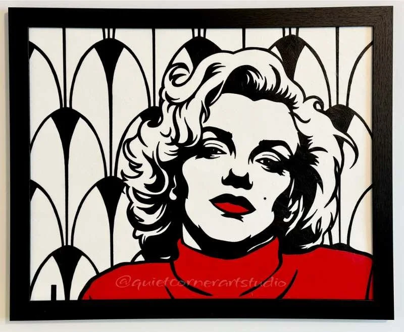 Original framed painting titled Norma Jean featuring a pop art portrait of Marilyn Monroe with an Art Deco background by Omaha artist.