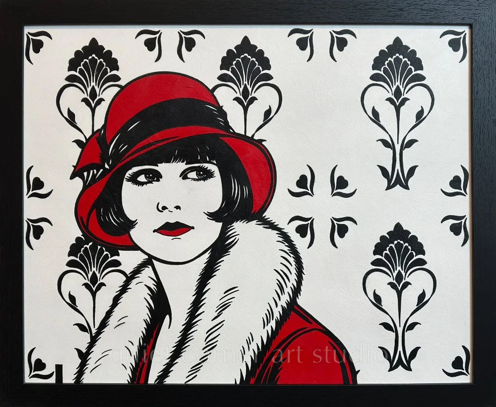 Artist Brett Hodges at Quiet Corner Art Studio, Omaha, NE, original gouache Pop Art portrait of Louise Brooks inspired by 1920s silent film and flapper fashion.

