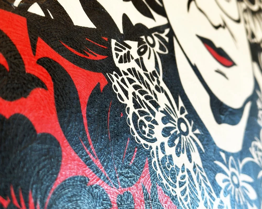 Close up detail of the intricate lace collar and vibrant red floral garment painted in gouache.