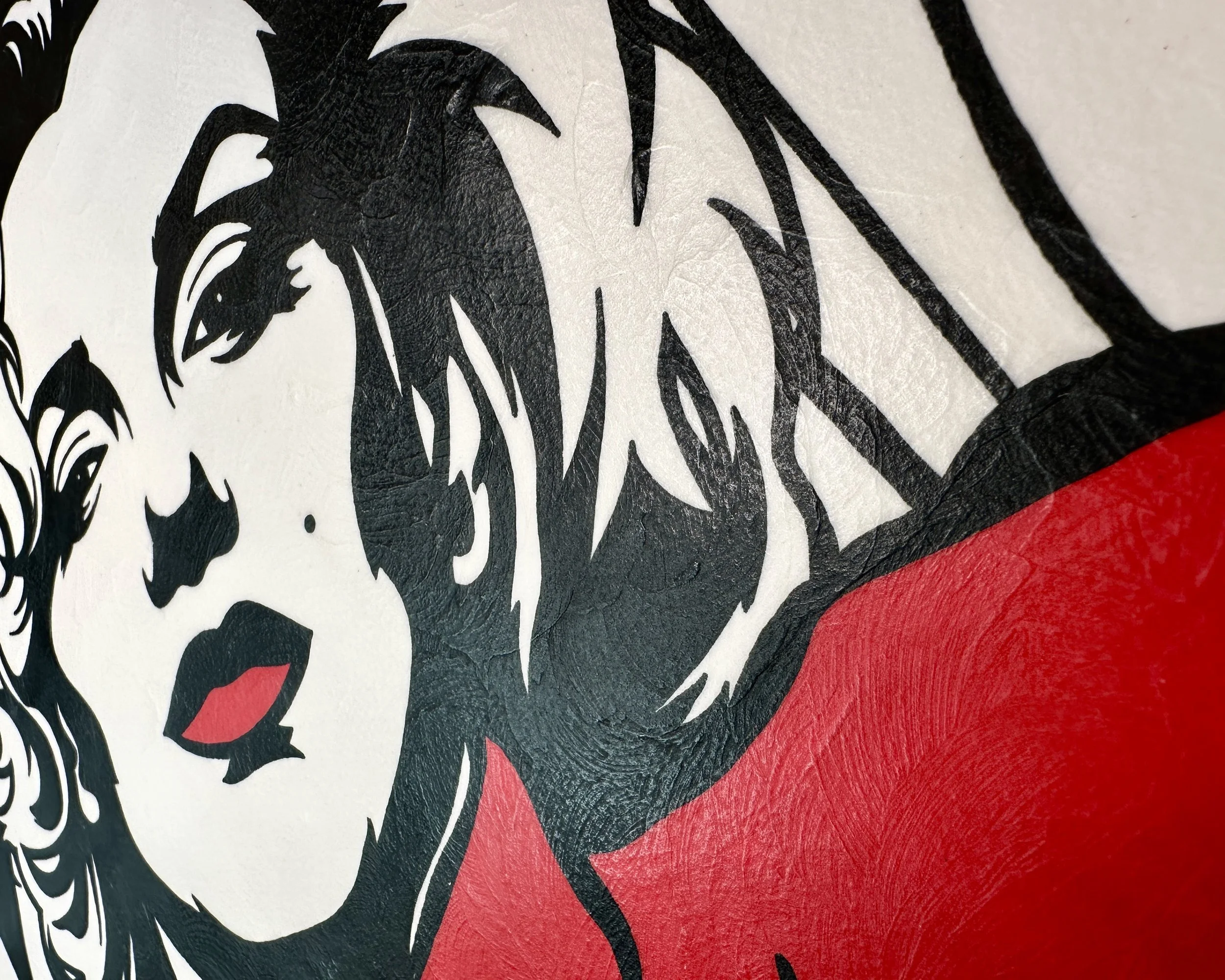 Artist Brett Hodges at Quiet Corner Art Studio, Omaha, NE, original gouache Pop Art portrait of Marilyn Monroe as Norma Jean with bold black and white contrast and red accents.