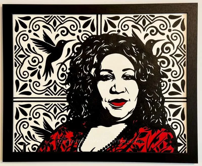 Original framed painting titled Ms Franklin (Aretha) featuring a pop art portrait of Aretha Franklin with hummingbirds and a patterned background by Omaha artist.