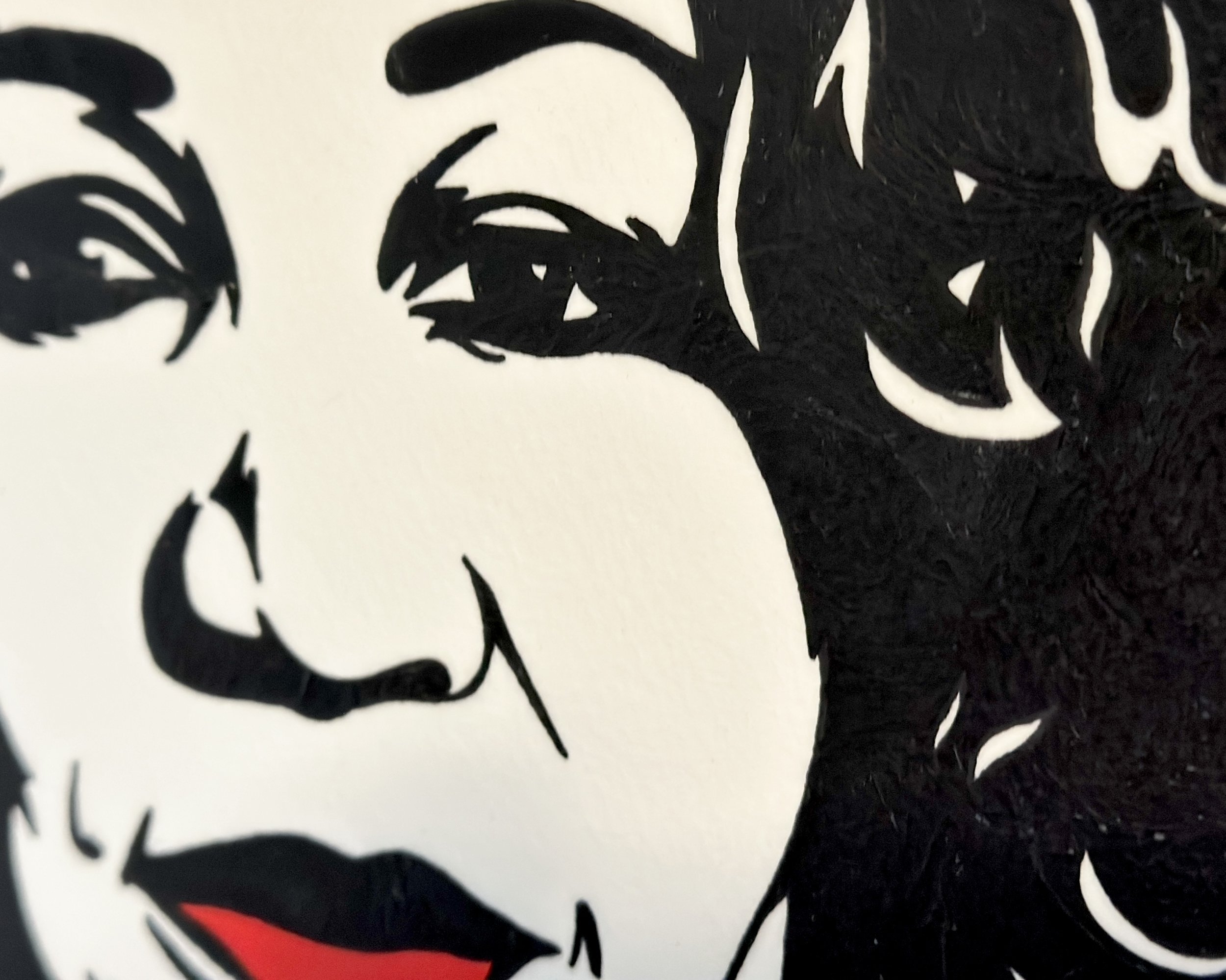 Artist Brett Hodges at Quiet Corner Art Studio, Omaha, NE, original gouache Pop Art portrait of Aretha Franklin with bold black and white linework and red accents.