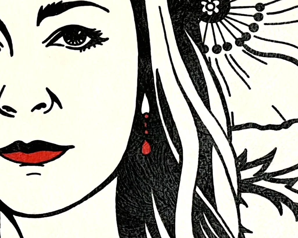 Close-up detail of Melissa’s eye, flowing black-and-white hair, and poppy illustration in Red Jacket & Poppies, a commissioned gouache Pop Art portrait by Artist Brett Hodges of Quiet Corner Art Studio, Omaha, NE.