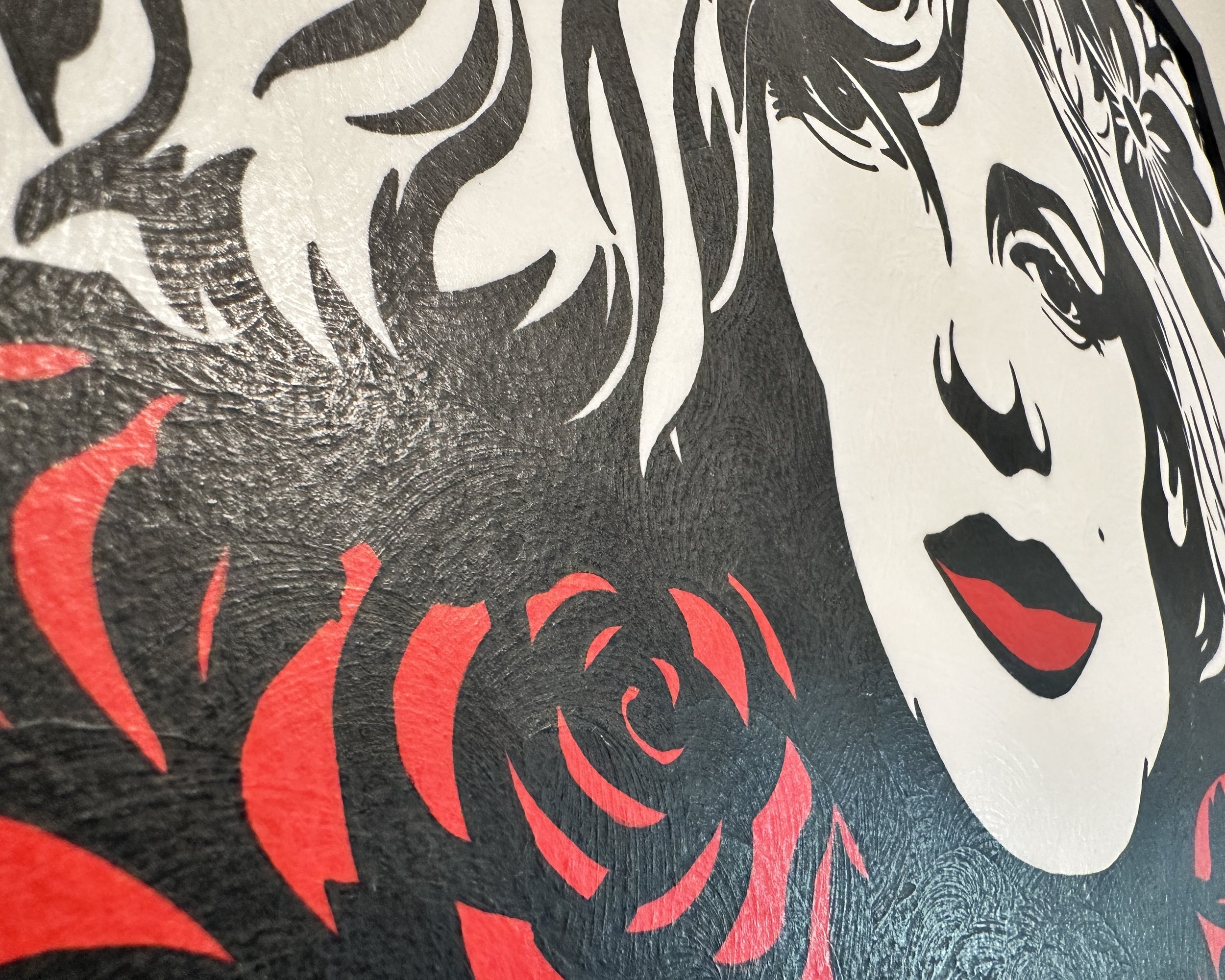 Close up detail of bold black and white gouache silhouette brushwork on archival cotton paper.