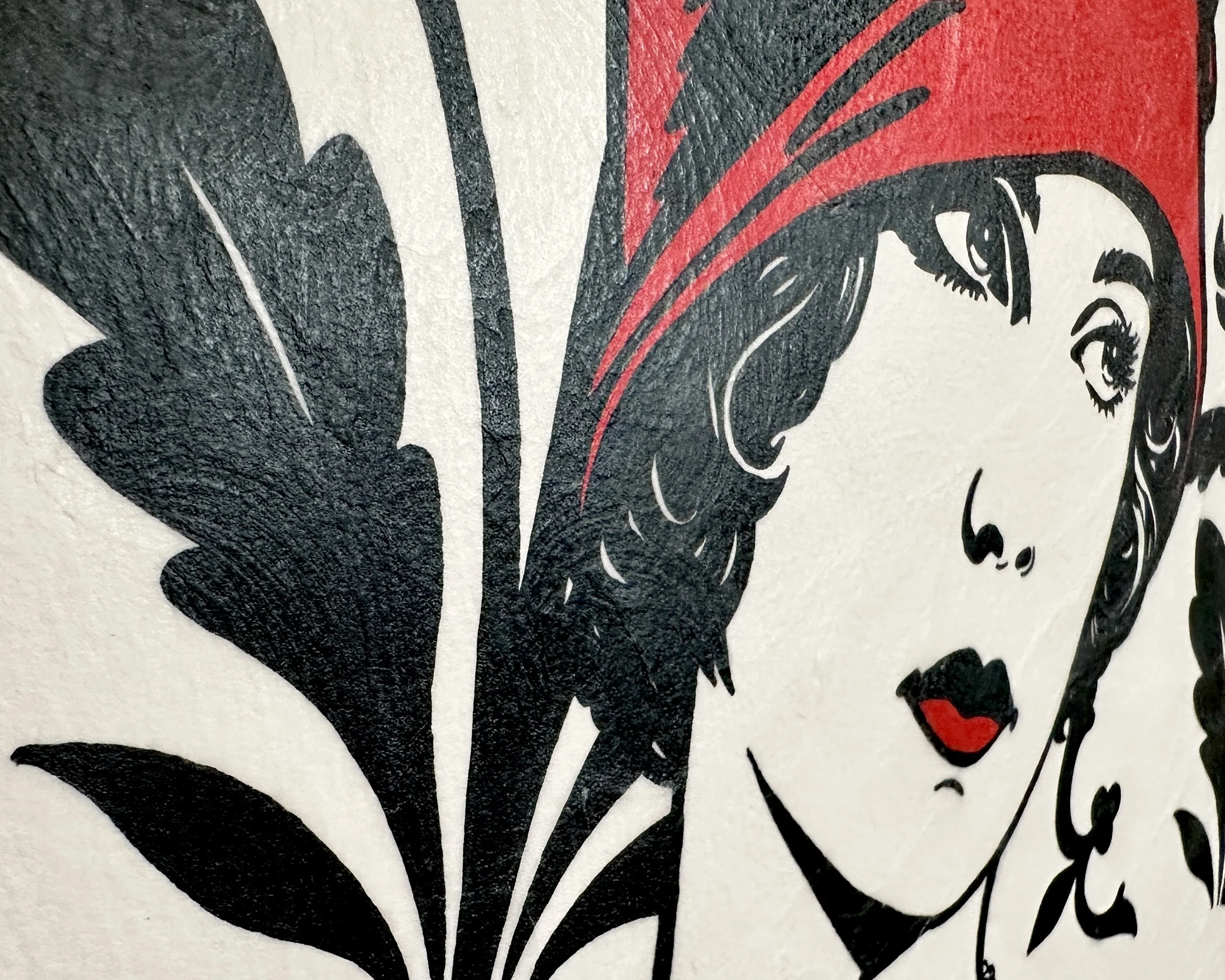Artist Brett Hodges at Quiet Corner Art Studio, Omaha, NE, original gouache Pop Art portrait of Lillian Rose Rich inspired by her 1924 Photoplay magazine image and 1920s flapper fashion.