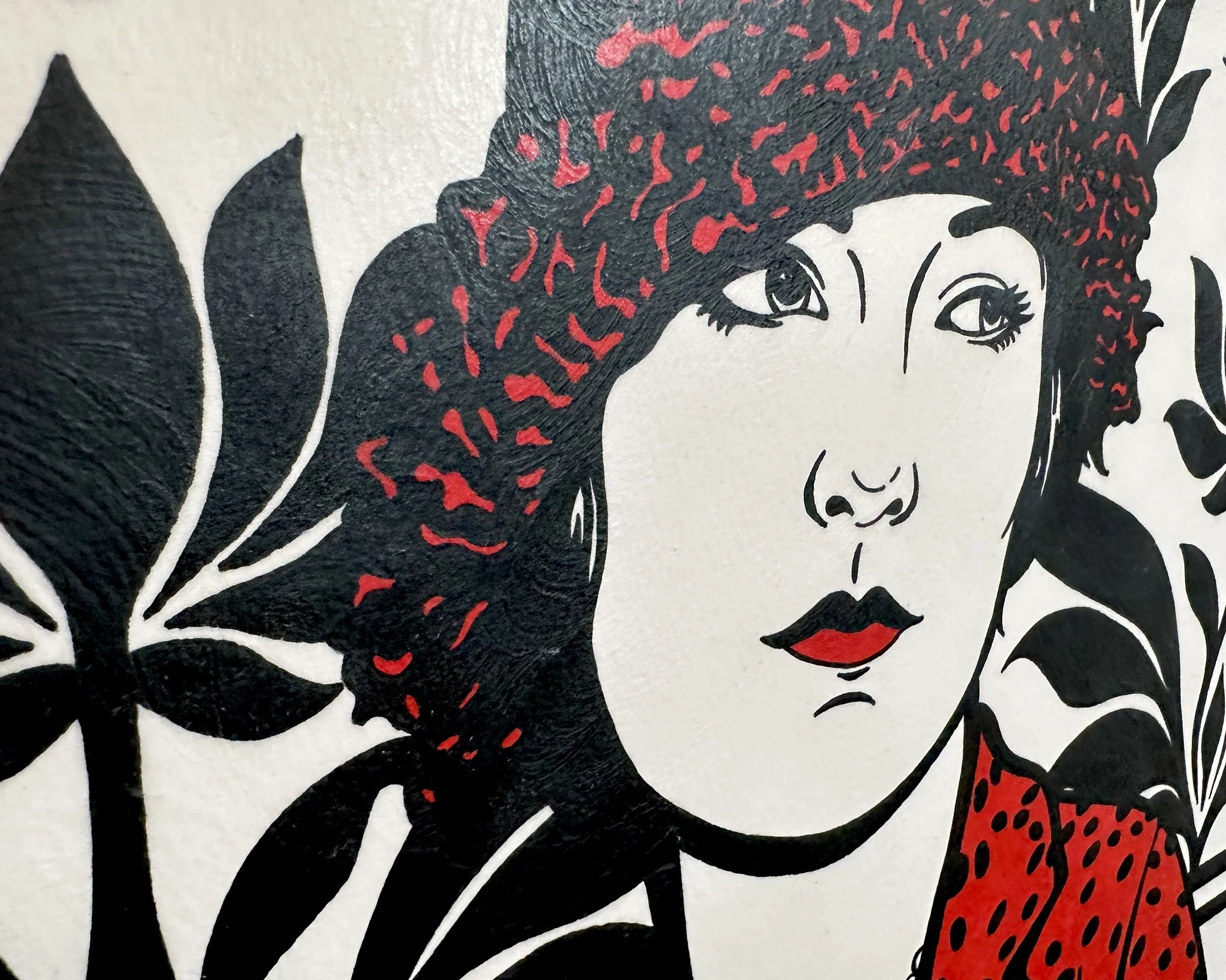 Artist Brett Hodges at Quiet Corner Art Studio, Omaha, NE, original gouache Pop Art portrait inspired by Jule André and Vogue 1928 fashion photography.