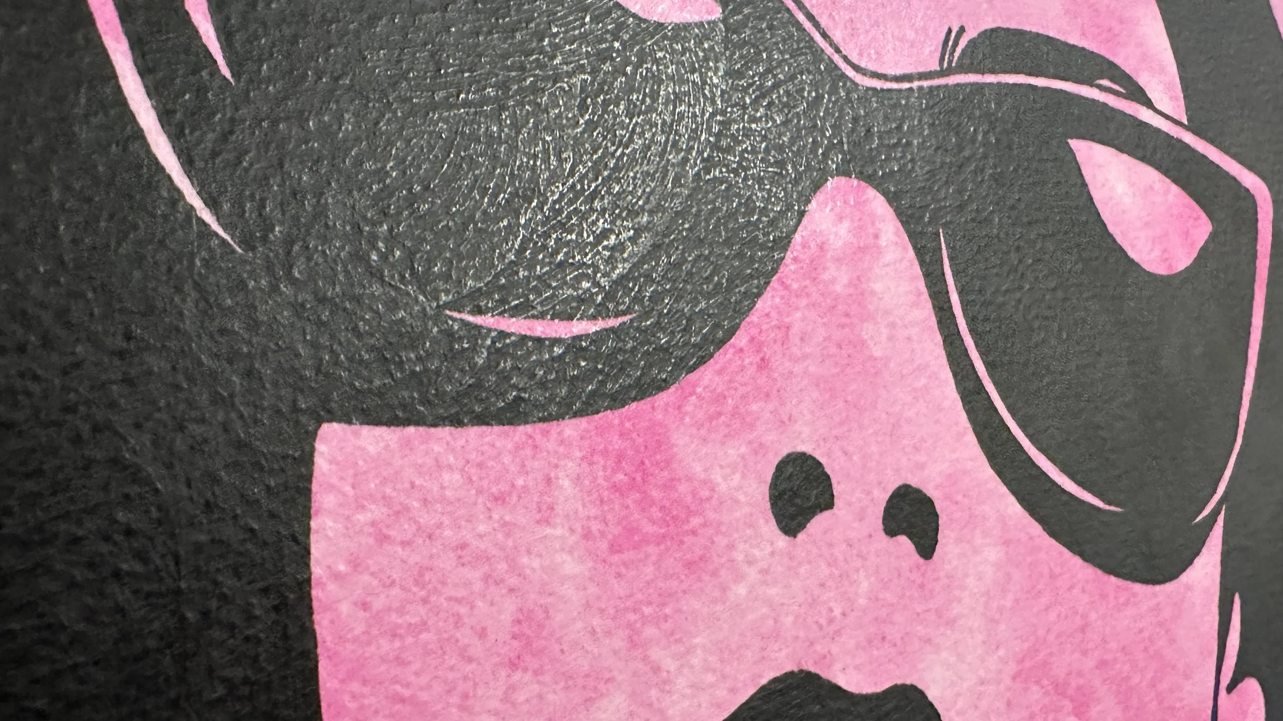 Close up detail of sharp winged sunglasses and sophisticated expression in a high contrast pop art style.