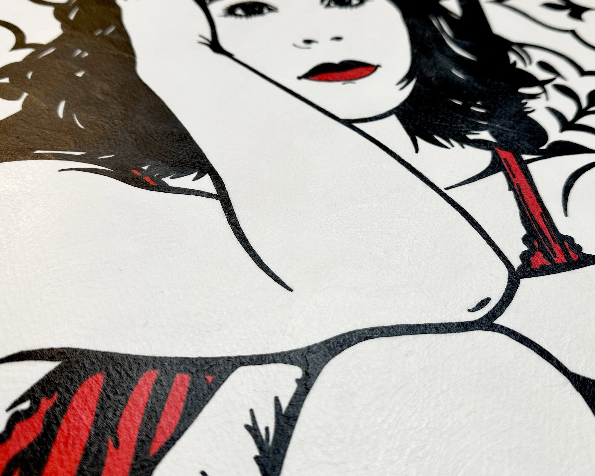 Artist Brett Hodges at Quiet Corner Art Studio, Omaha, NE, detail of the Before the Beginning portrait showing the bride’s seated pose, red dress, black and white line work, and textured painted surface.
