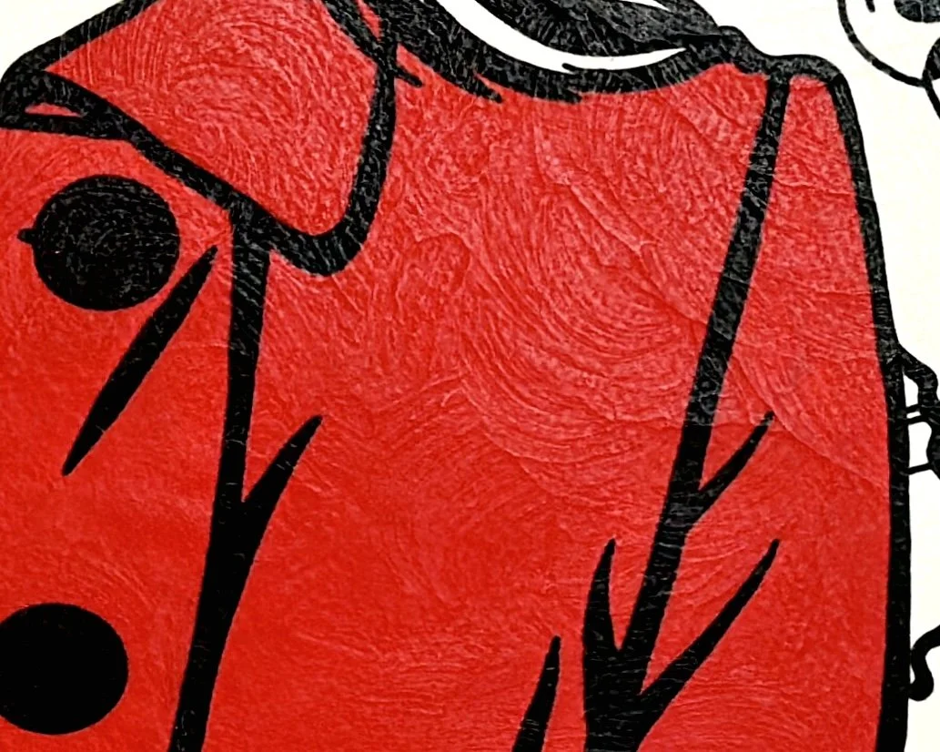 Close-up detail of the red jacket in Red Jacket & Poppies, showing textured gouache brushwork, bold black outlines, and black buttons in a commissioned Pop Art portrait by Artist Brett Hodges of Quiet Corner Art Studio, Omaha, NE.