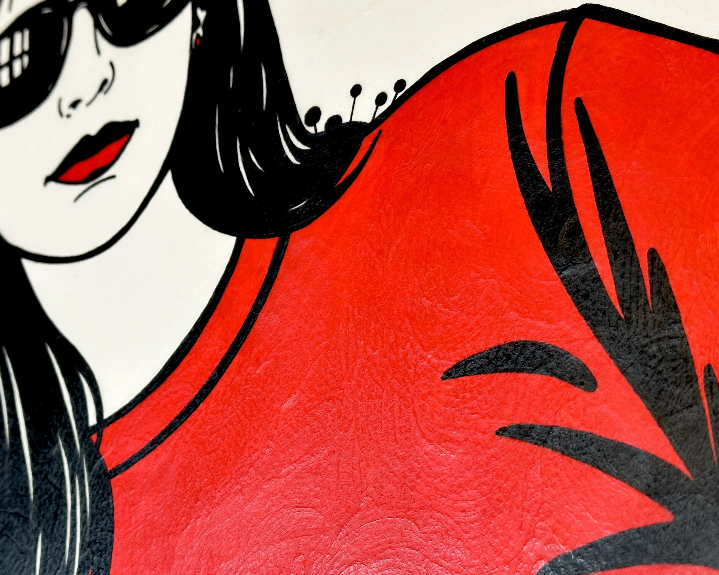 Close-up of the textured red shirt and bold black garment shadows in Elena, Ready for Tomorrow, a commissioned gouache Pop Art portrait by Artist Brett Hodges of Quiet Corner Art Studio, Omaha, NE.