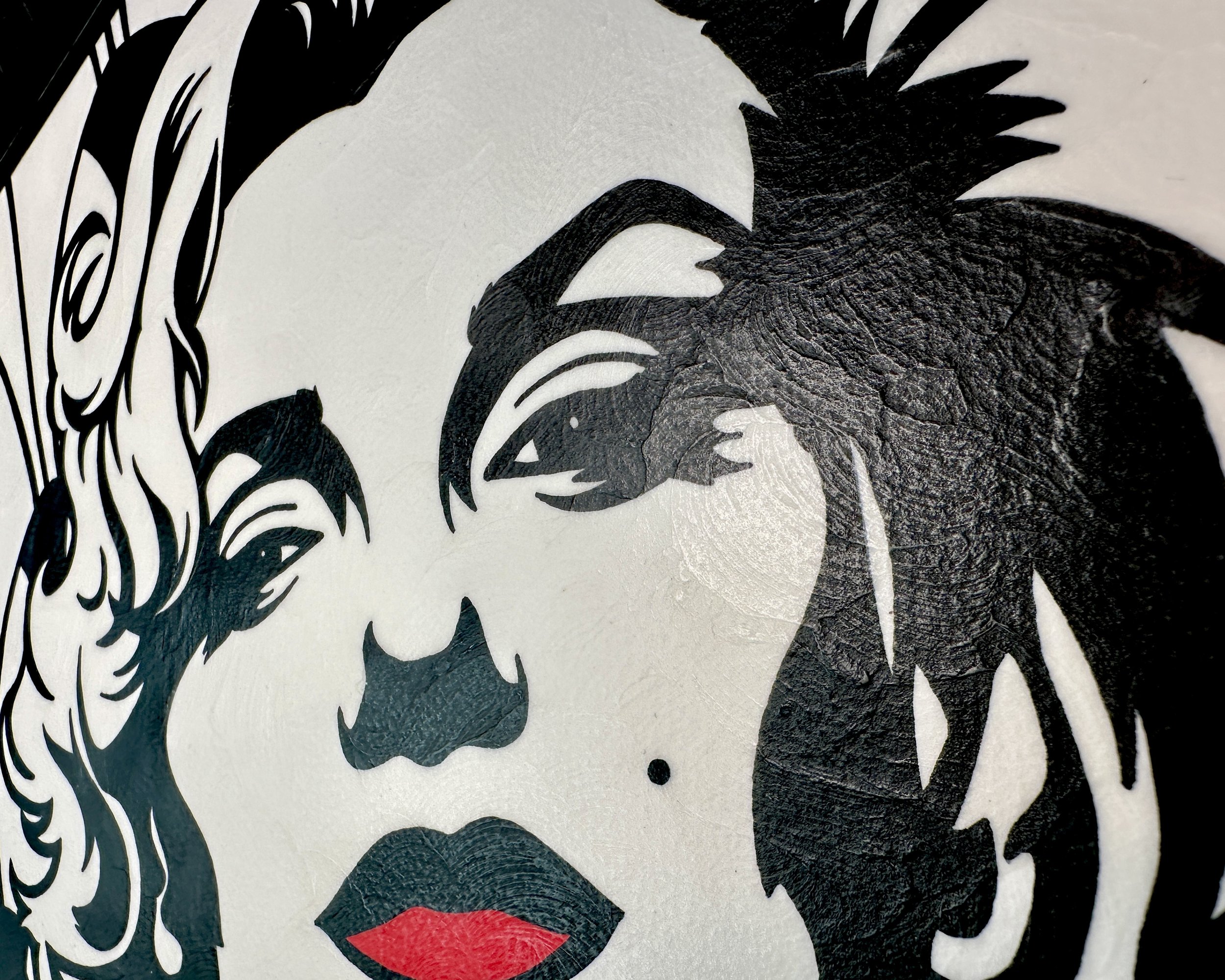 Artist Brett Hodges at Quiet Corner Art Studio, Omaha, NE, original gouache Pop Art portrait of Marilyn Monroe as Norma Jean with bold black and white contrast and red accents.