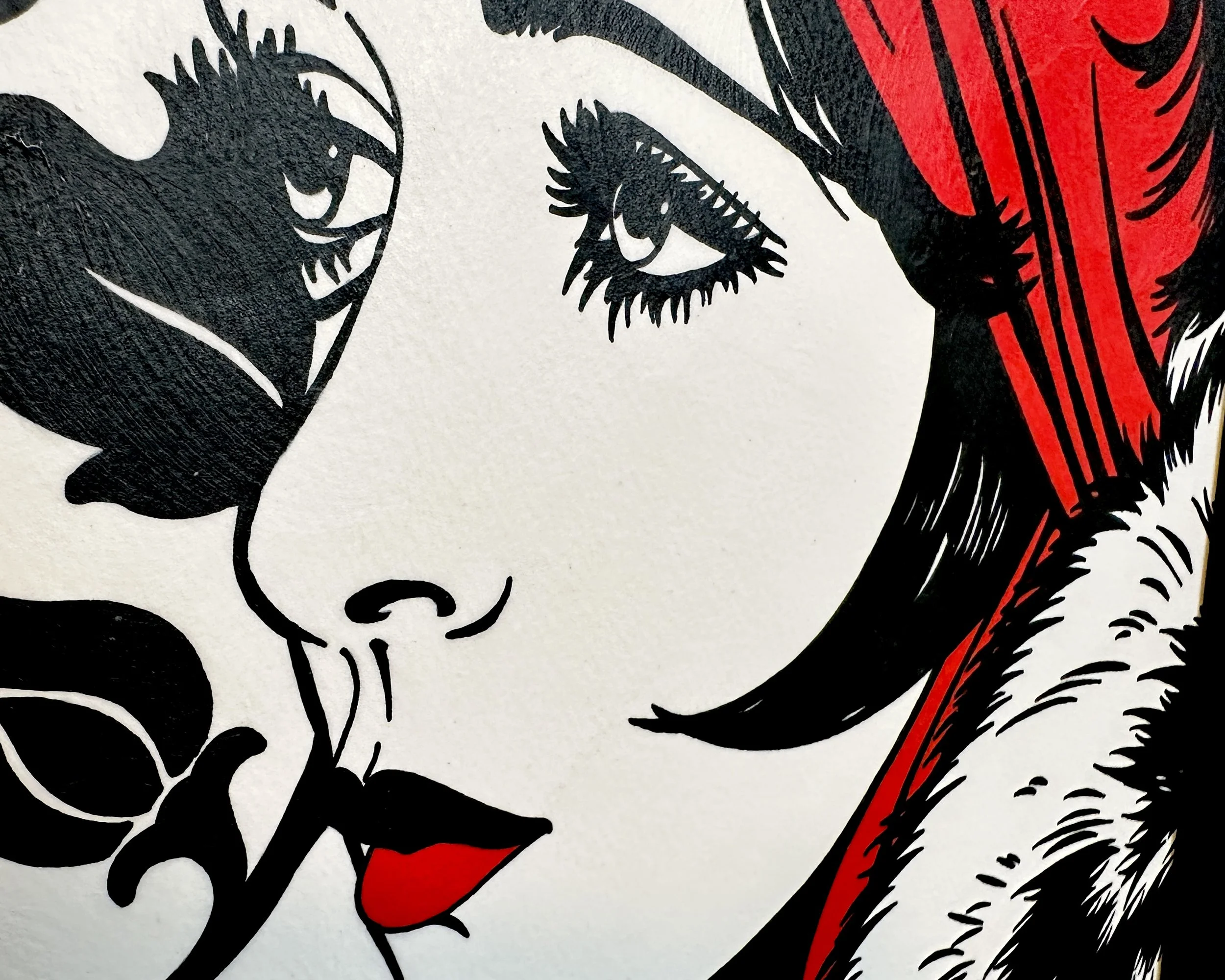Artist Brett Hodges at Quiet Corner Art Studio, Omaha, NE, original gouache Pop Art portrait of Clara Bow inspired by 1920s silent film and flapper era fashion.