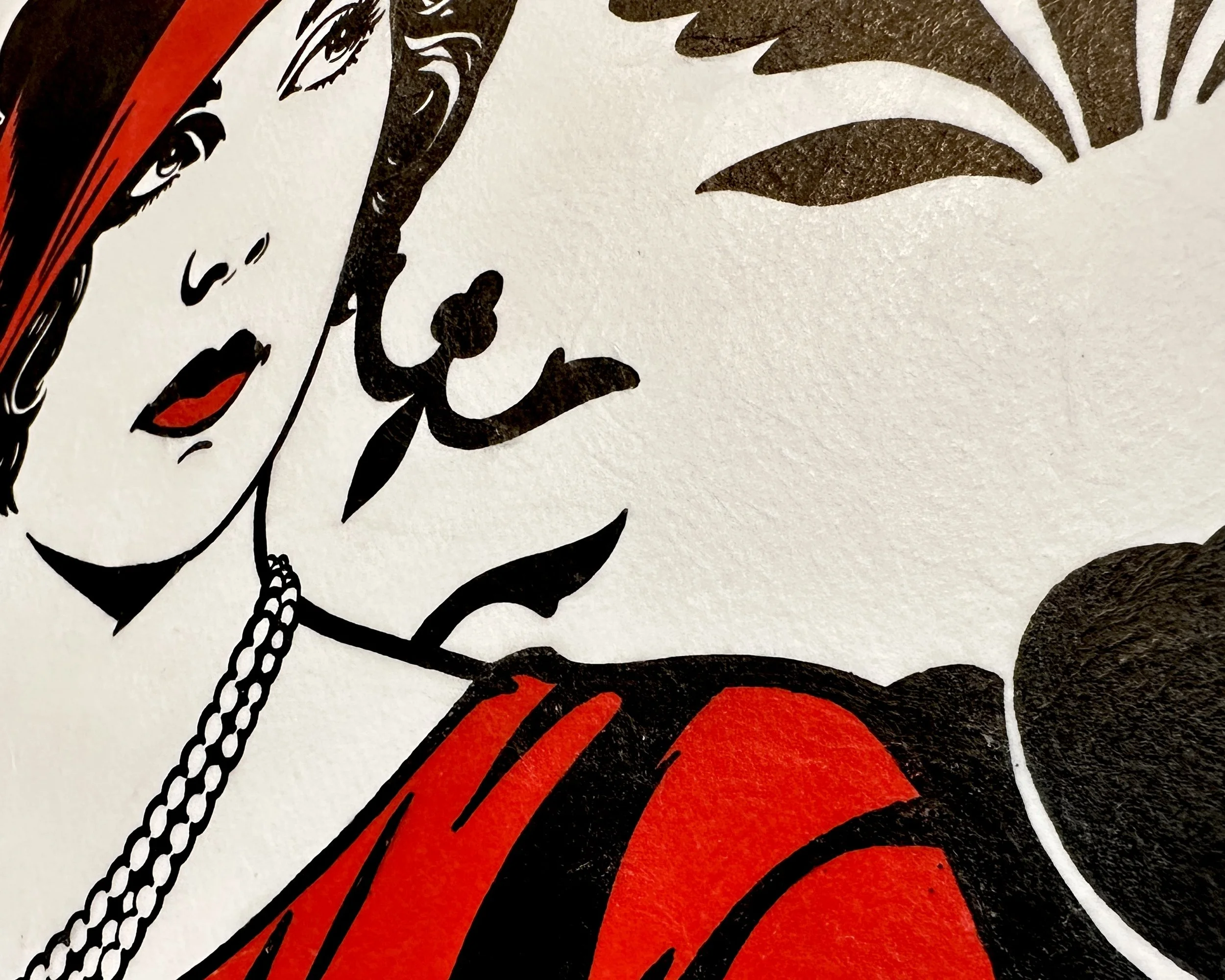 Artist Brett Hodges at Quiet Corner Art Studio, Omaha, NE, original gouache Pop Art portrait of Lillian Rose Rich inspired by her 1924 Photoplay magazine image and 1920s flapper fashion.