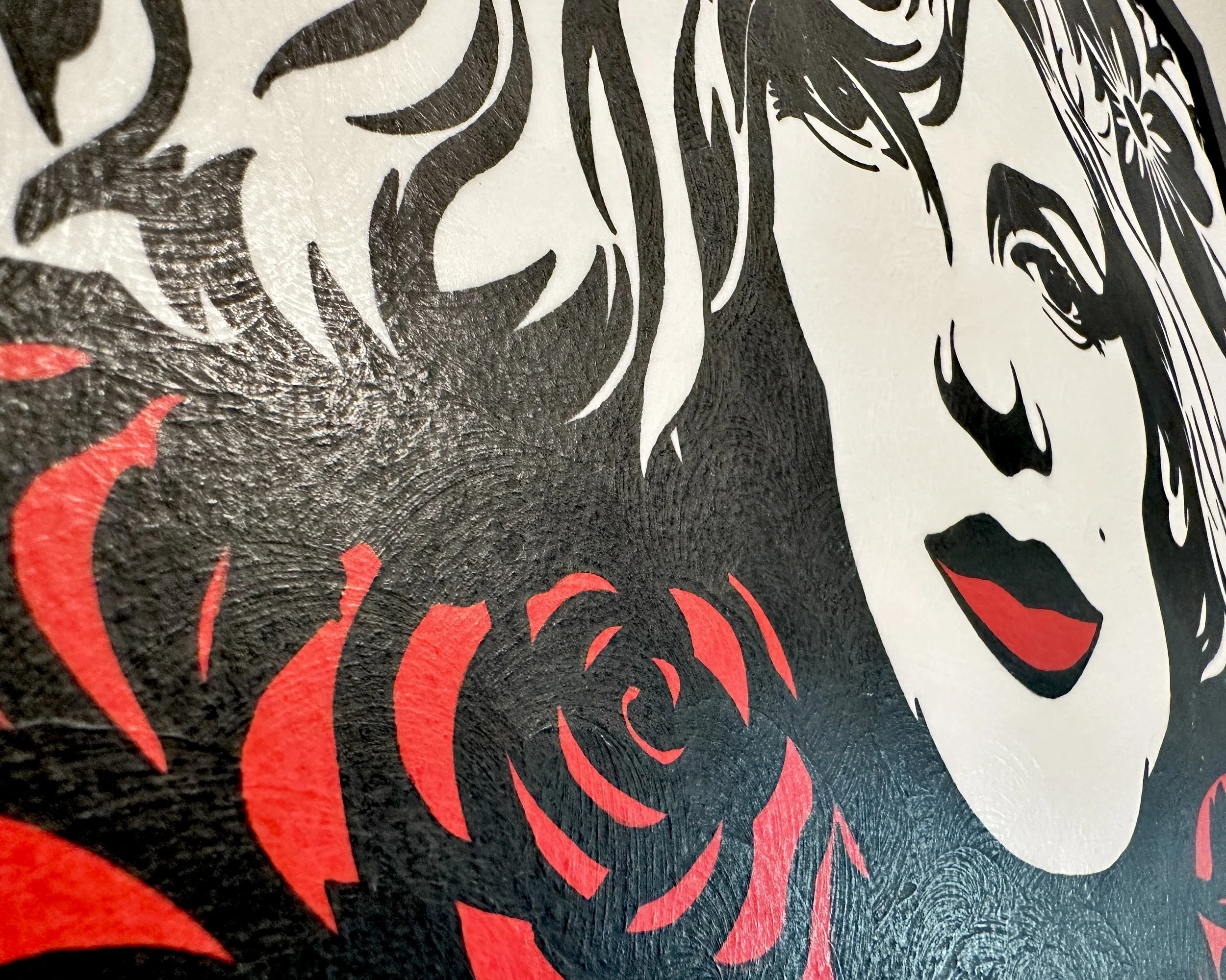 Artist Brett Hodges at Quiet Corner Art Studio, Omaha, NE, original gouache Pop Art portrait of Marilyn Monroe inspired by her later career image with bold black and white contrast and red accents.