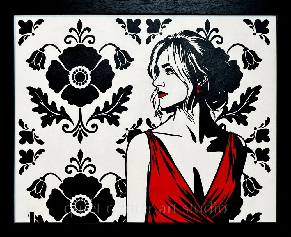 Artist Brett Hodges at Quiet Corner Art Studio, Omaha, NE, original gouache Pop Art bridal portrait titled A Promise to Herself, featuring a bride in a red dress turned in side profile against a decorative black and white floral background.