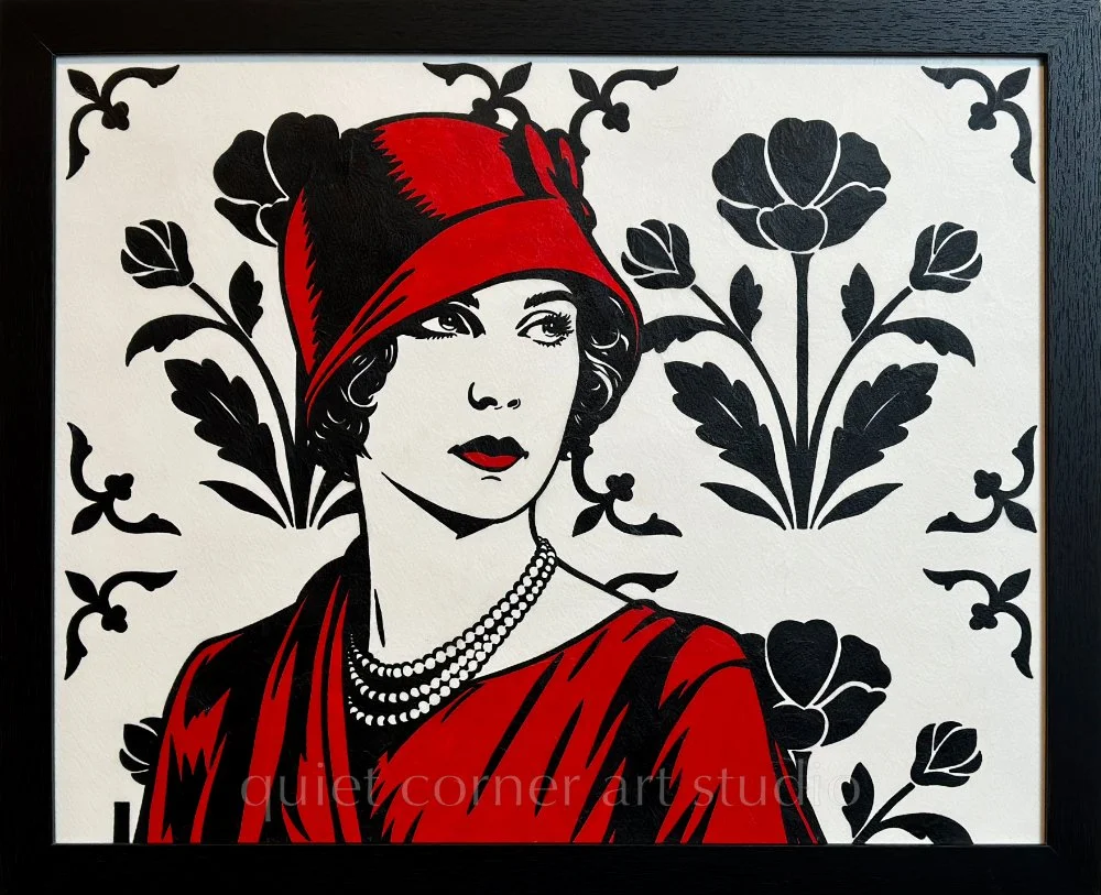 Artist Brett Hodges at Quiet Corner Art Studio, Omaha, NE, original gouache Pop Art portrait of Lillian Rose Rich inspired by her 1924 Photoplay magazine image and 1920s flapper fashion.
