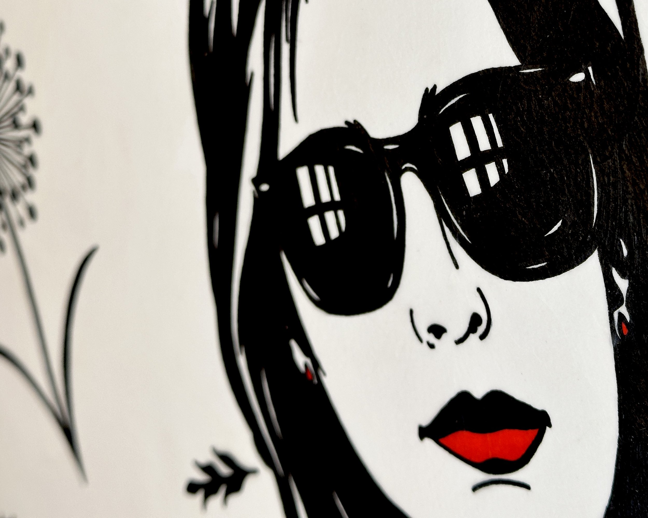 Close-up of Elena’s face, black sunglasses with window reflections, and red lips in Elena, Ready for Tomorrow, a commissioned gouache Pop Art portrait by Artist Brett Hodges of Quiet Corner Art Studio, Omaha, NE.