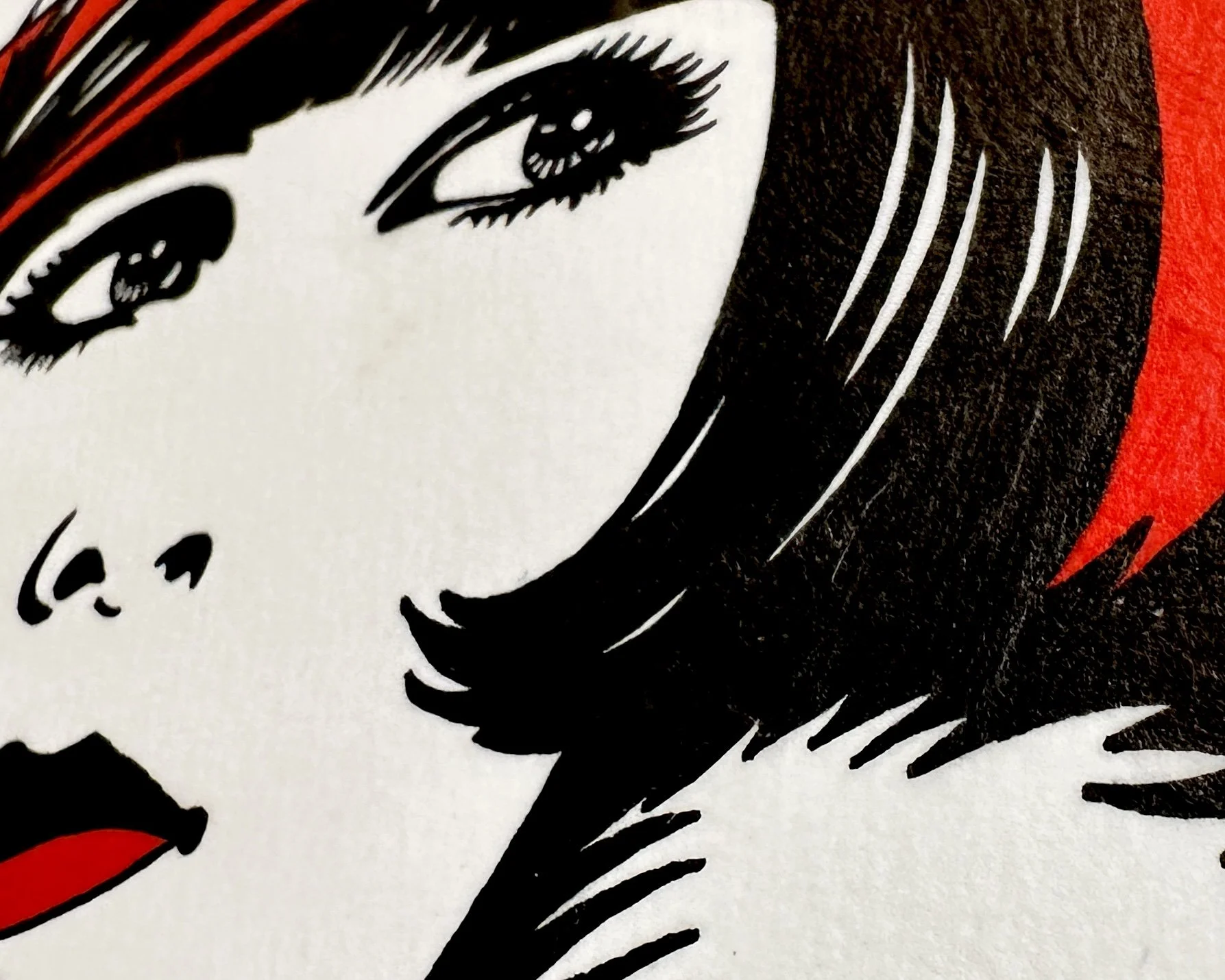 Artist Brett Hodges at Quiet Corner Art Studio, Omaha, NE, original gouache Pop Art portrait of Louise Brooks inspired by 1920s silent film and flapper fashion.
