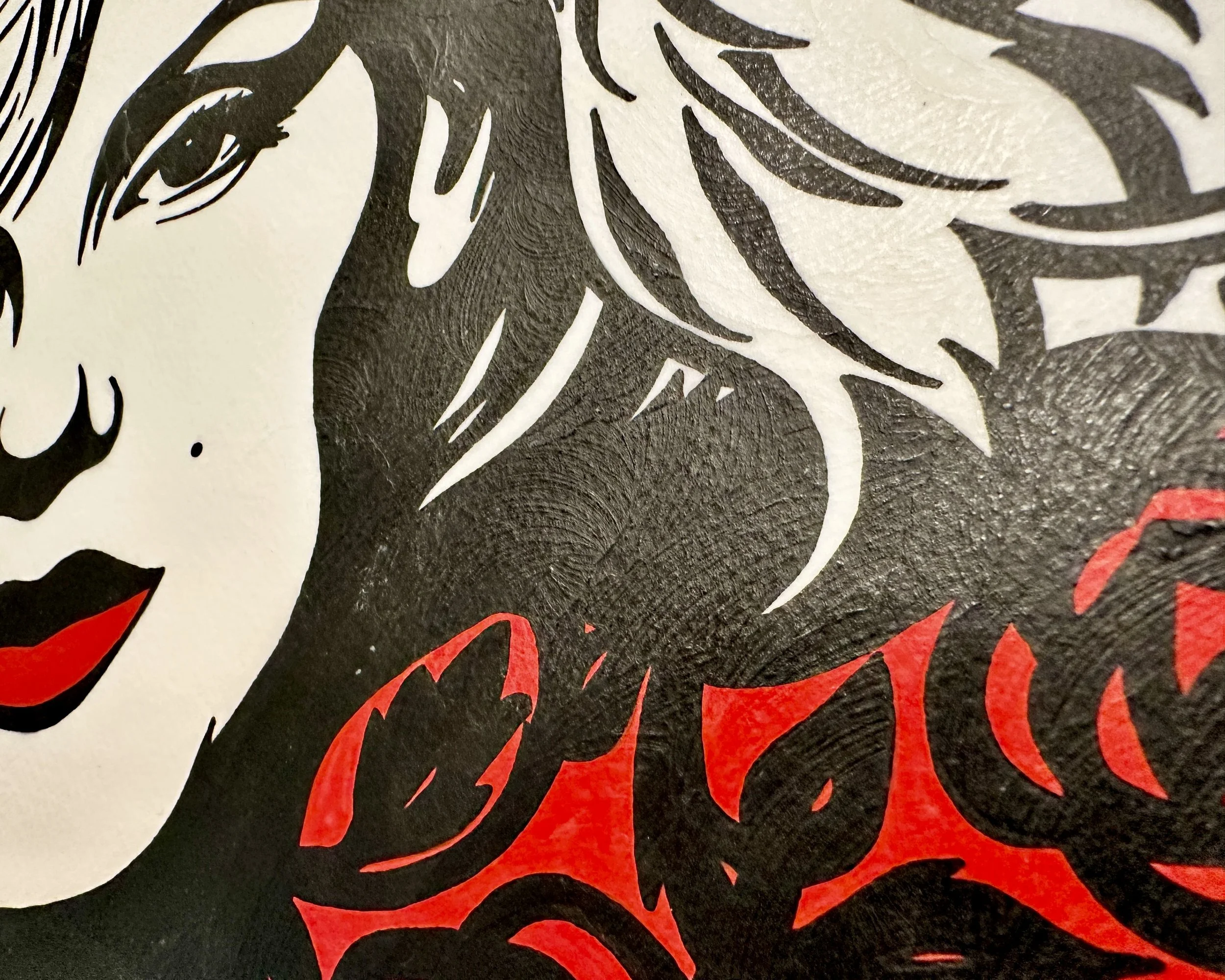 Artist Brett Hodges at Quiet Corner Art Studio, Omaha, NE, original gouache Pop Art portrait of Marilyn Monroe inspired by her later career image with bold black and white contrast and red accents.