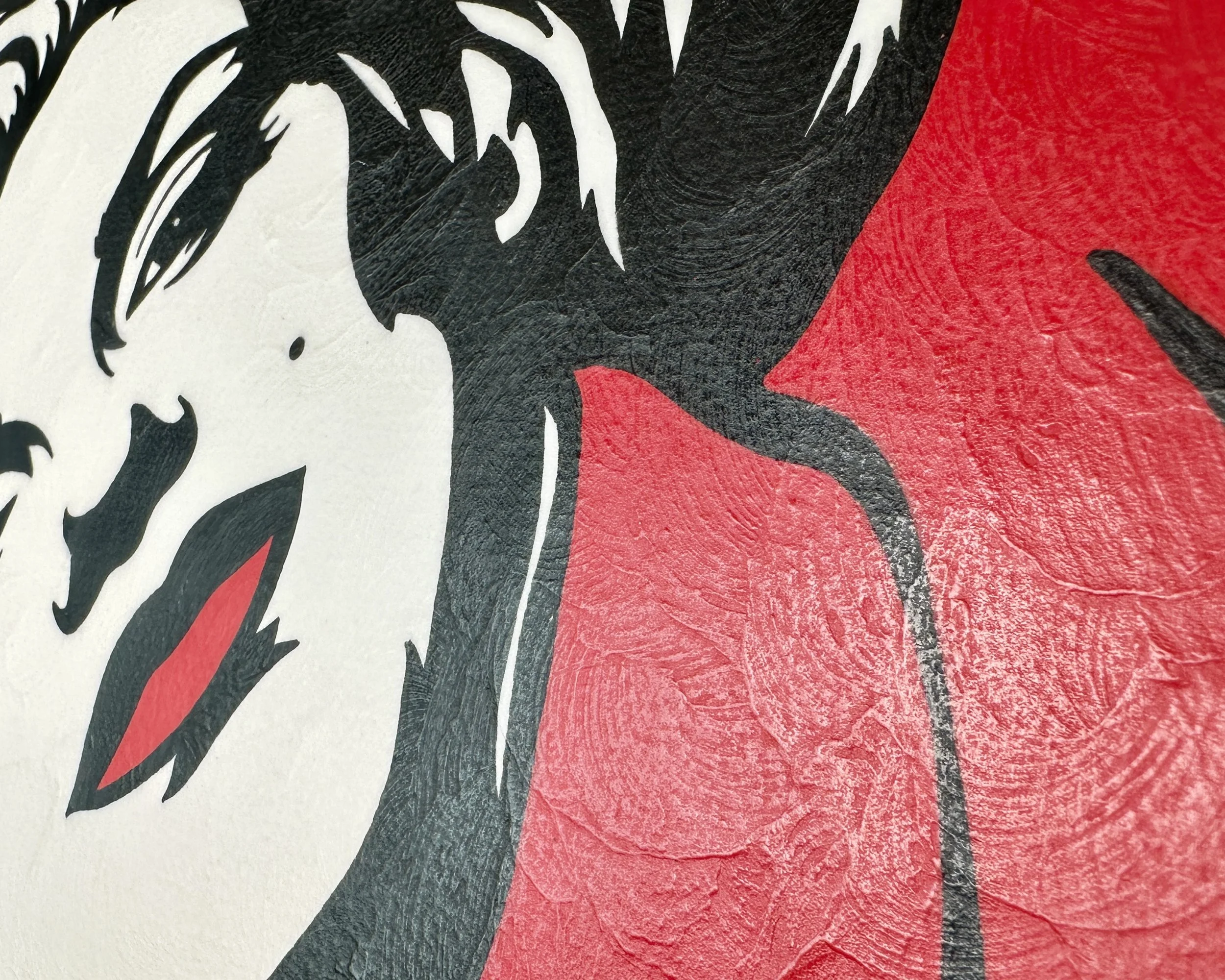 Artist Brett Hodges at Quiet Corner Art Studio, Omaha, NE, original gouache Pop Art portrait of Marilyn Monroe as Norma Jean with bold black and white contrast and red accents.