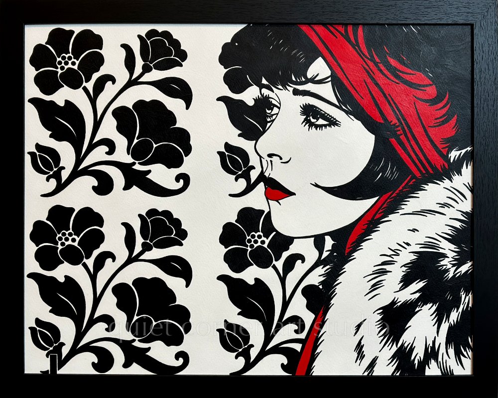 Artist Brett Hodges at Quiet Corner Art Studio, Omaha, NE, original gouache Pop Art portrait of Clara Bow inspired by 1920s silent film and flapper era fashion.