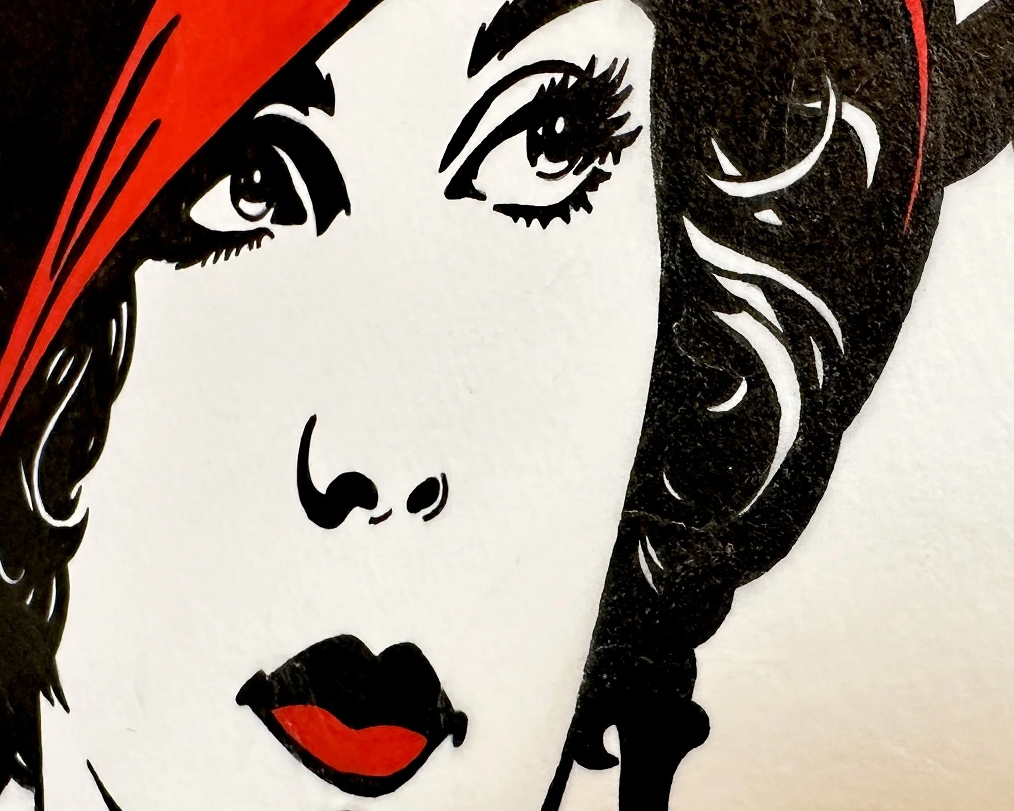 Artist Brett Hodges at Quiet Corner Art Studio, Omaha, NE, original gouache Pop Art portrait of Lillian Rose Rich inspired by her 1924 Photoplay magazine image and 1920s flapper fashion.