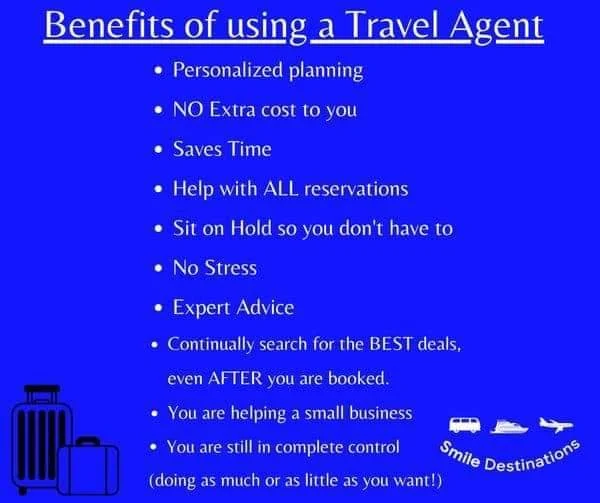 A blue infographic listing the benefits of using a travel agent, including personalized planning, no extra cost, saving time, help with reservations, sitting on hold, reducing stress, expert advice, finding deals, supporting small businesses, and mai